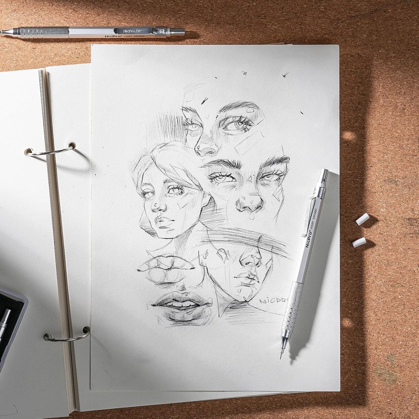 Nicpro 0.7 Metal Mechanical Pencil Set with Case, 3PCS MP1000 0.7mm Artist Lead Pencil With 8 Tube HB Refills, 3 Erasers, 9 Eraser Refill For Architect Art Drafting Drawing Engineering, Sketching