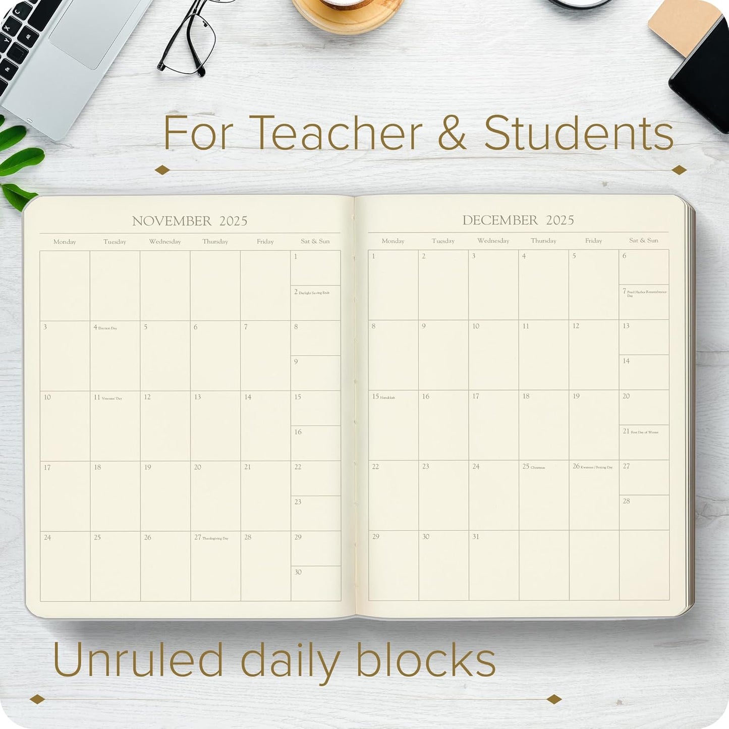 Gallery Leather Academic Planner 2025, Teacher and Student Weekly Monthly Planner, Elegantly Bound Calendar with Gold-Gilded Page Edges, 18 Months - Acadia Pool - 9 x 7 "