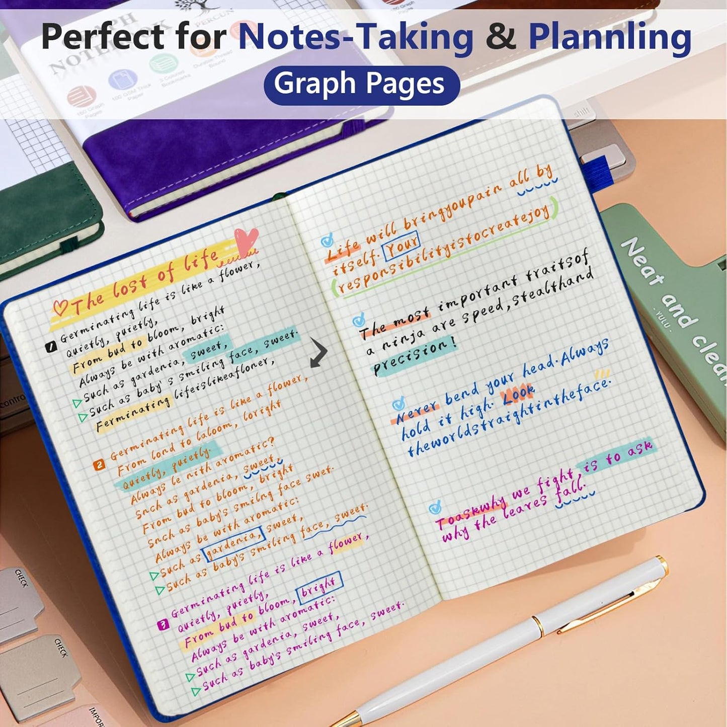 Graph Paper Notebook, 160 Pages Grid Journal for women & men, A5 Hardcover Leather Graphing Notebook for School, Work, Travel, Note Taking 5.9”x8.5” (Navy)