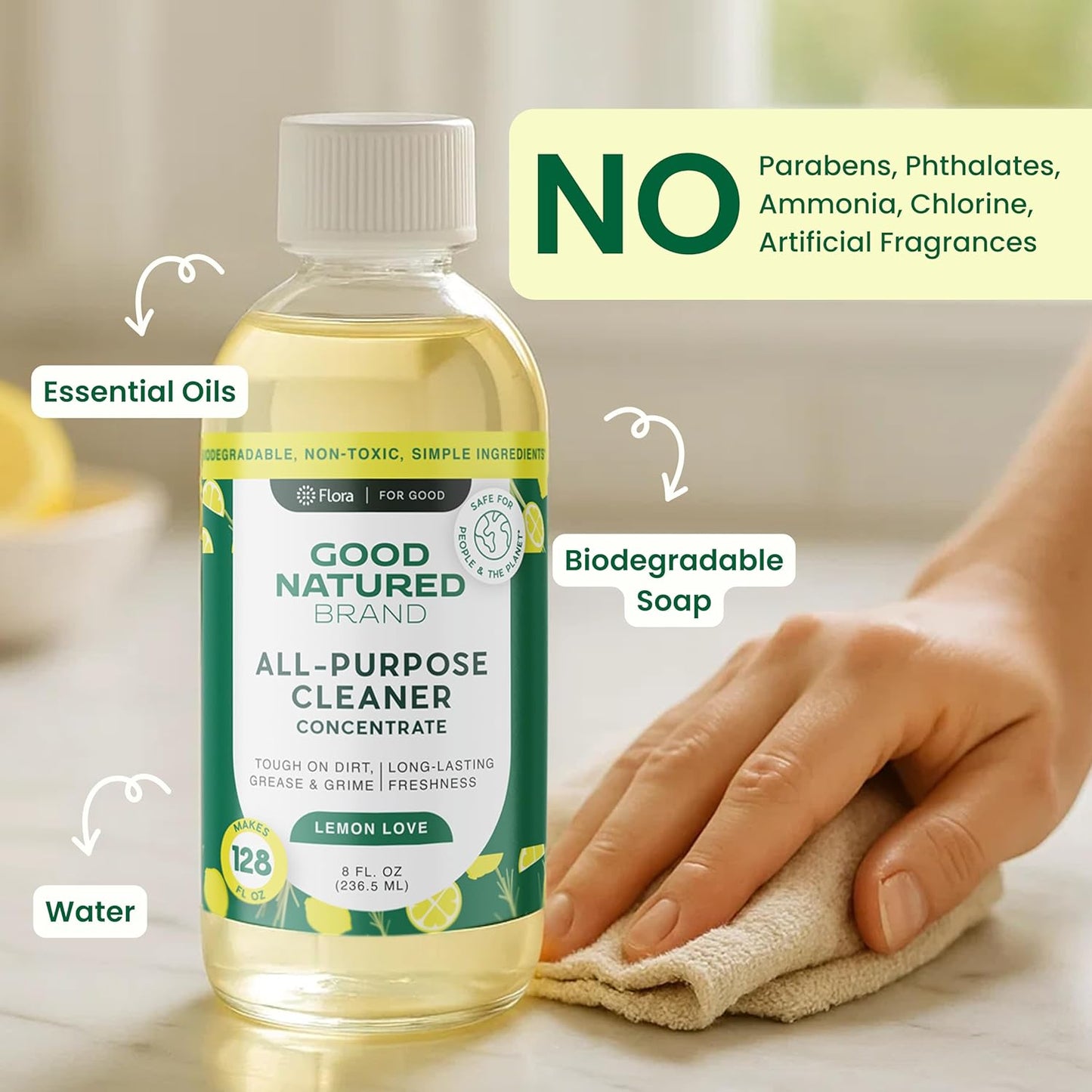 Good Natured Brand All-Purpose Cleaner Concentrate | Multi-Surface Cleaner | Natural Lemon Essential Oil | Multipurpose Cleaner Concentrate All Surfaces | Lemon Love | 8oz makes 128oz