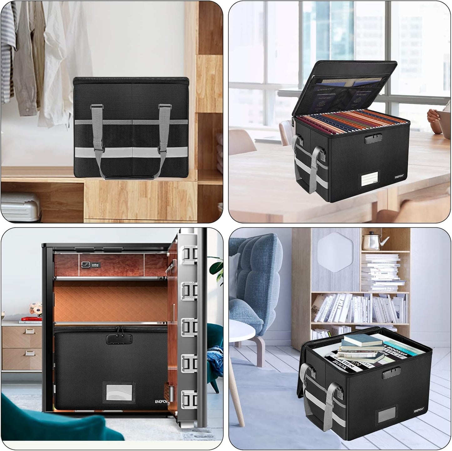 ENGPOW File Box with Lock,Fireproof Document Box with Zipper＆Pockets,Collapsible File Organizer Filing Storage Cabinet with Handle,Portable Home Office Safe for Hanging Letter/Legal Folder,Black