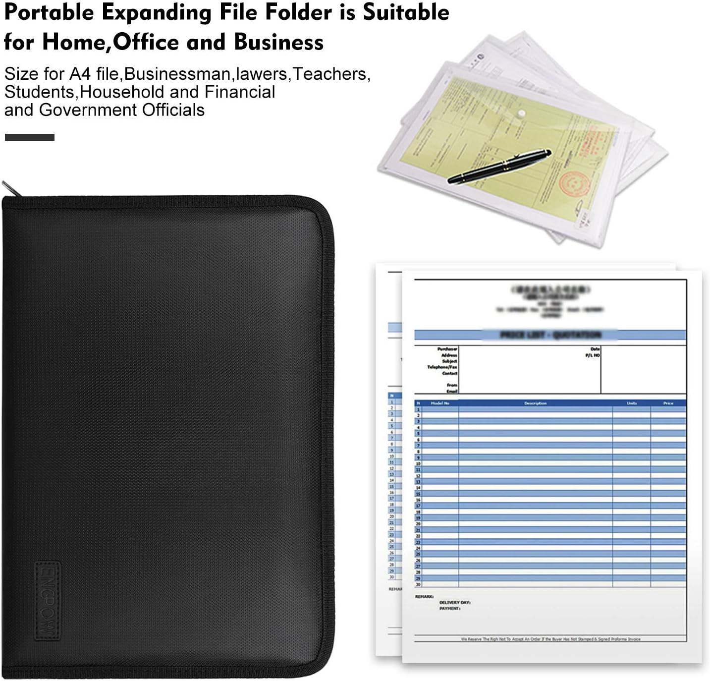 ENGPOW Fireproof Expanding File Folder with 13 Multicolored Pockets A4 Size Document Organizer with Color Labels Zipper Closure Non-Itchy Silicone Coated Portable Filing Pouch(14.3" x 9.8")