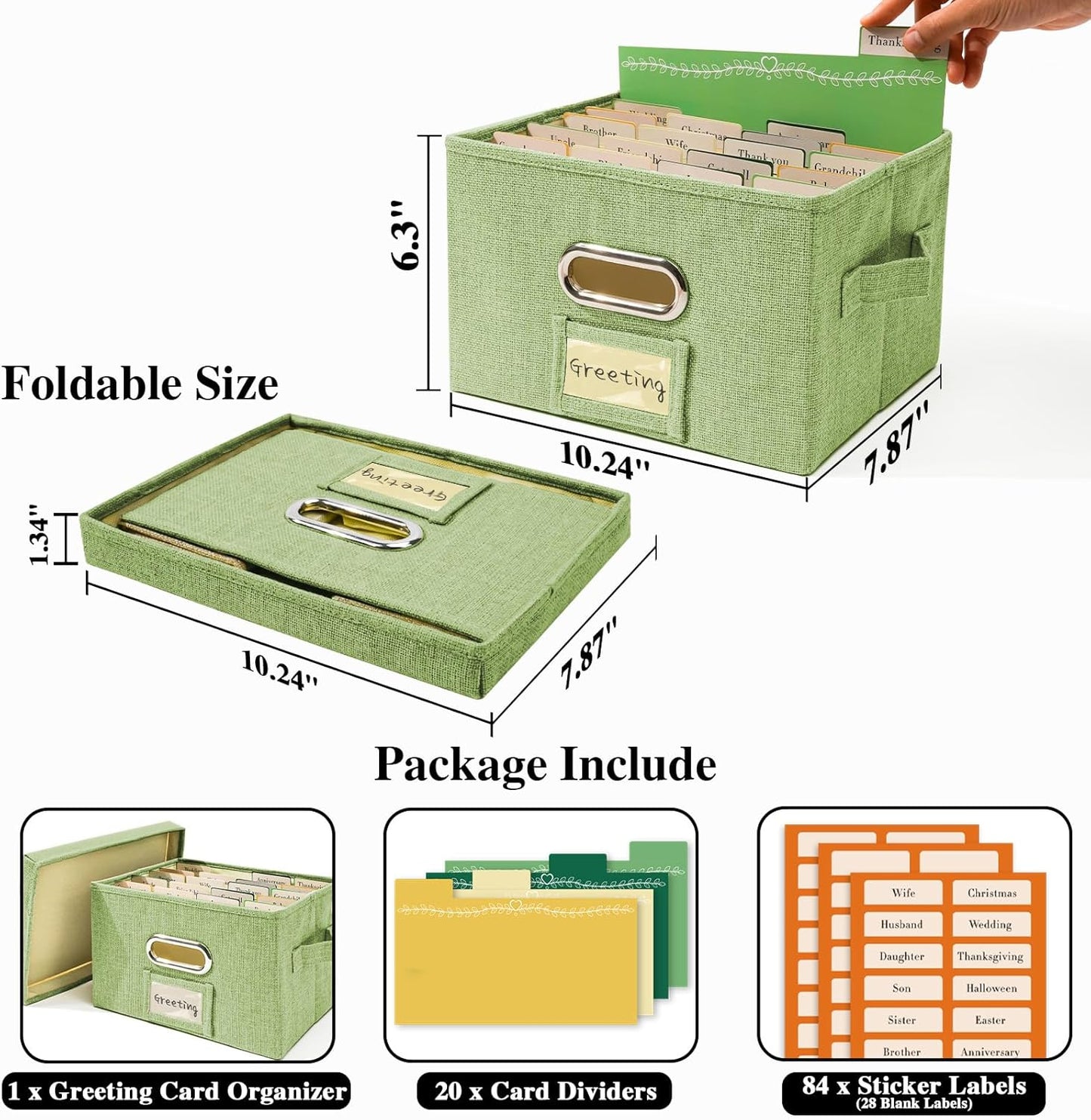 Vienrose Greeting Card Organizer 1 Pack, Storage Box with 20 Adjustable Dividers, Foldable Organizer Box Holds over 150 Cards, Storage Stickers Recipes Photos Envelopes Bills Vinyl Records, GrassGreen