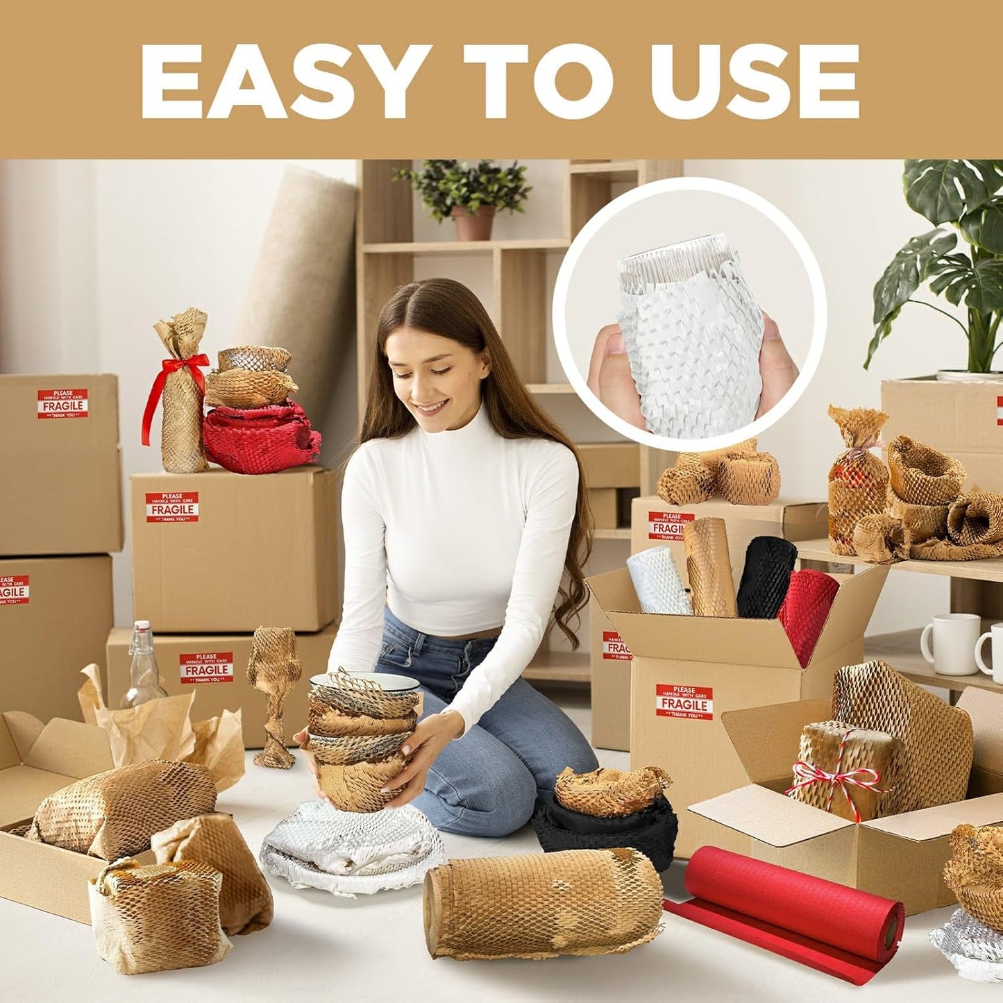 Honeycomb Packing Paper, 12"x200' White | Perforated Honeycomb Packing Paper Recyclable Moving Supplies for Shipping & Moving | Plastic-Free Alternative to Bubble Cushion Wrap with 36 Fragile Stickers