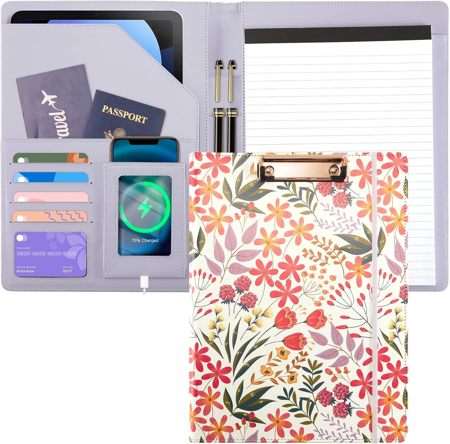 Padfolio for Women PU Leather Portfolio Cute Binder Foldable Recipe Clipboard Purple Phone Pocket