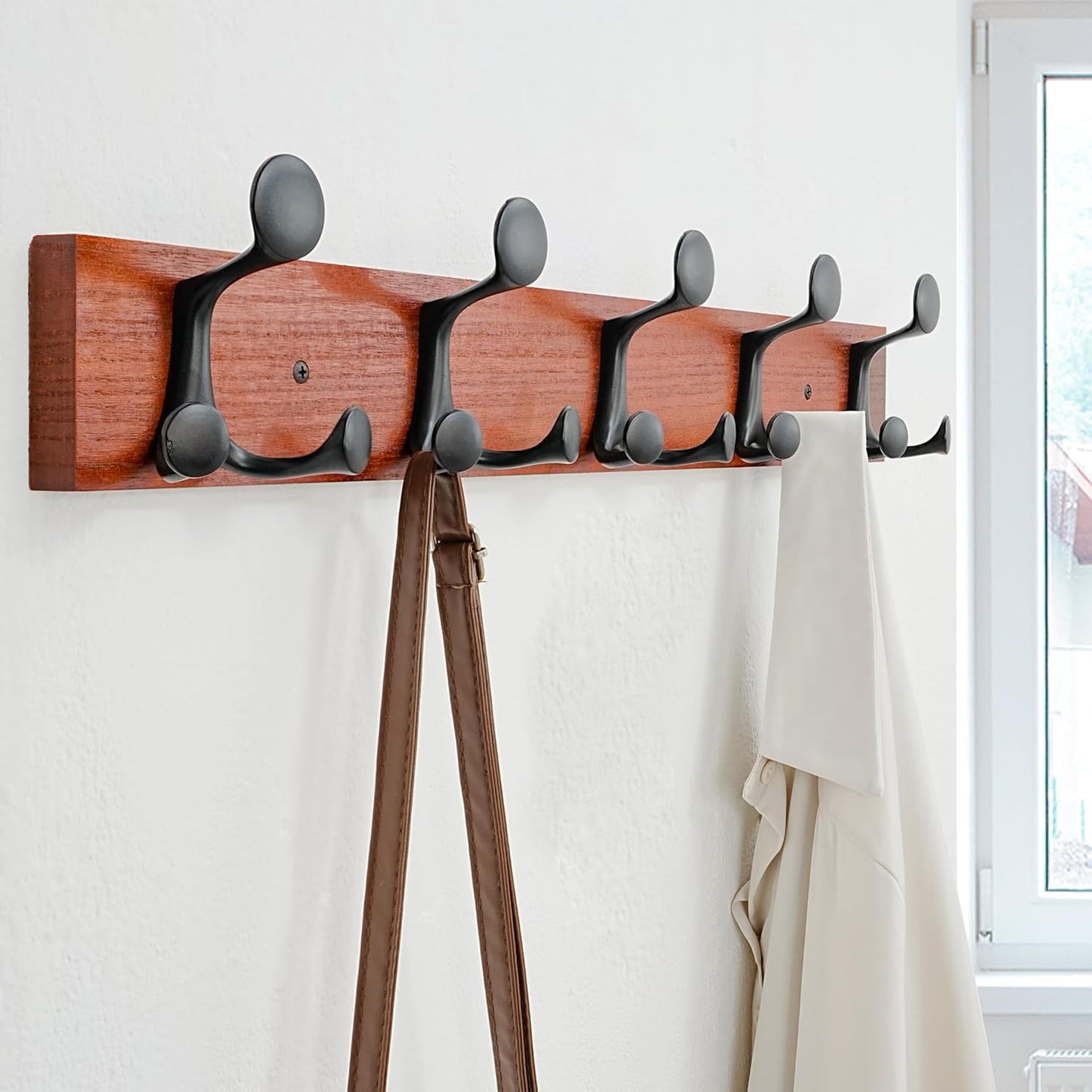 SKOLOO 24-Inch Cherry Wood Coat Rack Wall Mount with 5 Triple Hooks - Ideal for Family Entrances, Classrooms, and Pet Supplies Storage - Perfect Coat Hooks for Wall