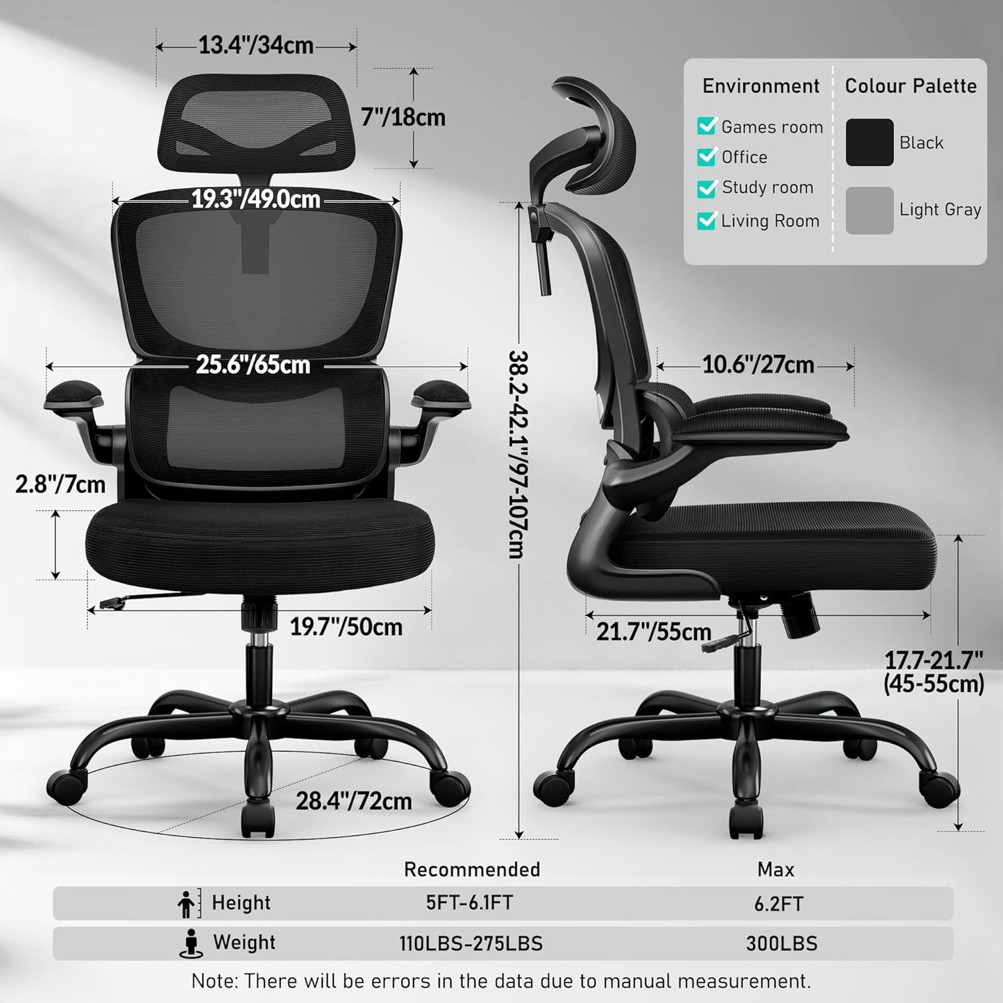 High Back Ergonomic Office Chair, Breathable Mesh Desk Chair with Lumbar Support, Adjustable Headrest, Flip-up Armrests, Computer Gaming Chair