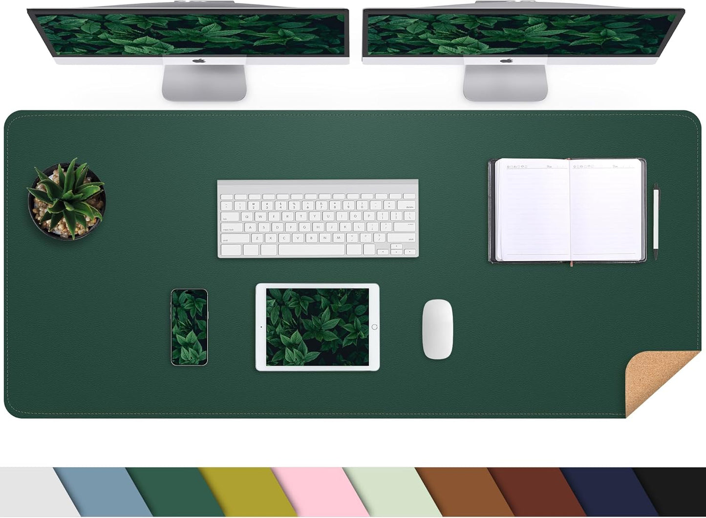 AFIING Leather Desk pad Protector, Large Non-Slip Office Desk Mat with Natural Cork & PU Leather, Waterproof Writing Mouse Pad for Office and Home (55in*17in,Dark Green)