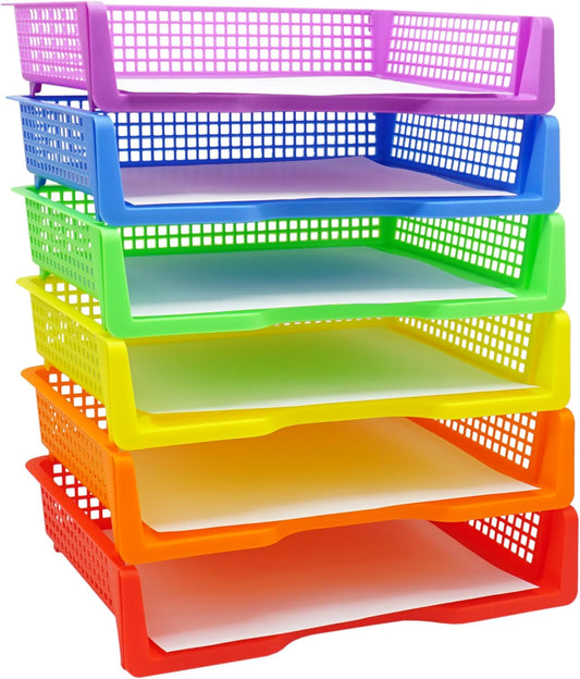 4E's Novelty 6 Colorful Plastic Trays for Teachers, Durable Turn in Trays, Classroom Paper Organizers, Stackable Storage Baskets for Office Desk, Classroom Organization Supplies, 13.3"L x 9.2"W x 3"H