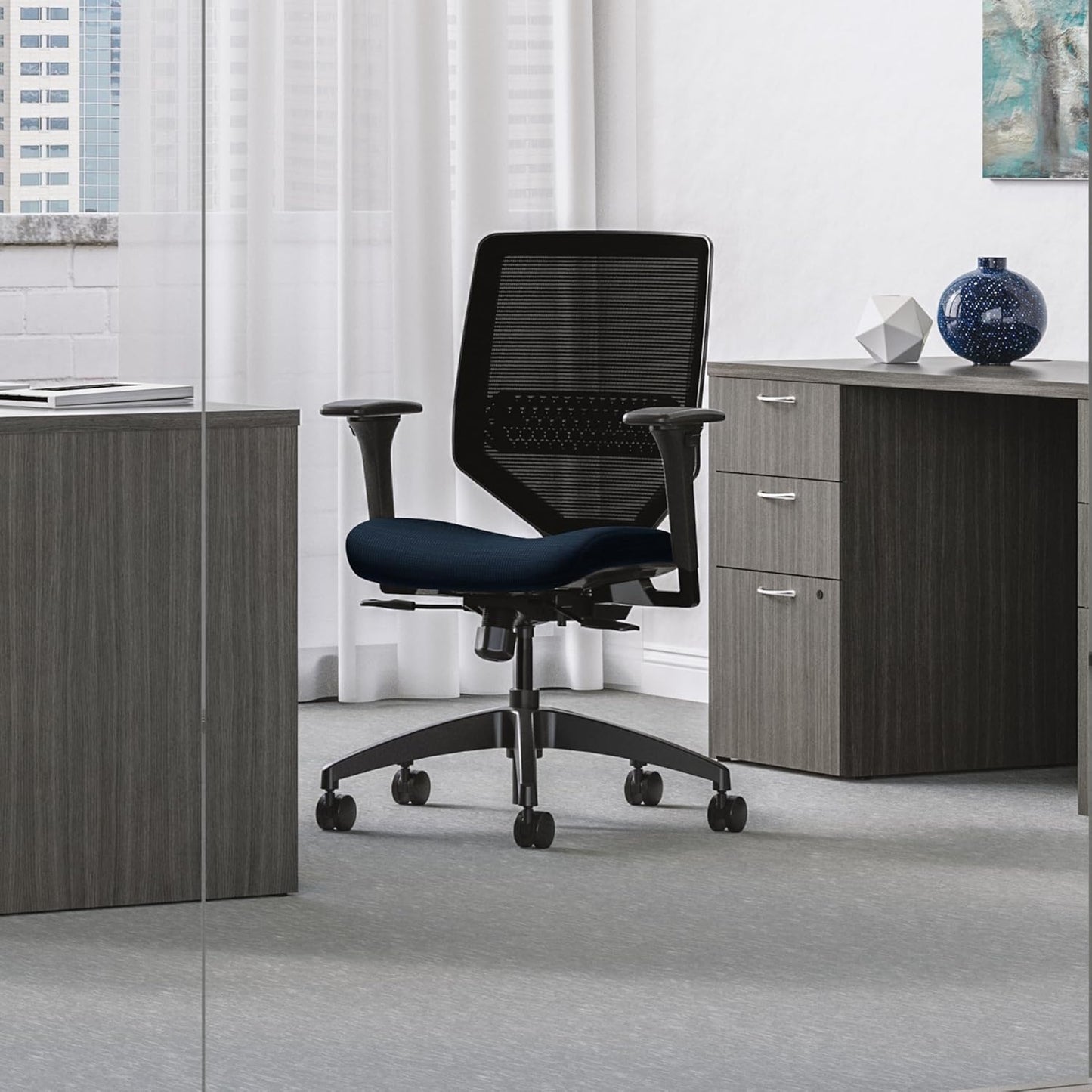 HON Solve Task Chair, Ergonomic Office Chair Mesh Back Support, Adjustable Lumbar, with Wheels, Height-Adjustable Arms, for Computers, Desks, Home Office, Blue