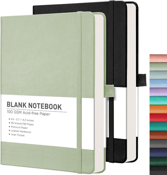 RETTACY Blank Journal Notebook, 2-Pack, 192 Pages per Pack, A5 Medium Size (5.7'' x 8.3''), Leather Hardcover, 100 GSM Thick Paper, for Sketching, Drawing, Painting (Black & Light Green)