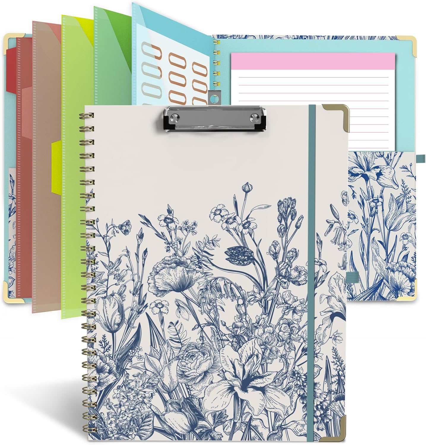 Foldable Clipboard Folio with Storage, 5 Plastic Folders with 10 Pockets,Refillable Lined Notepad (11" x 8.5"), Hardcover Project Organizer Nursing Teacher School Essentials(Blue Florals)
