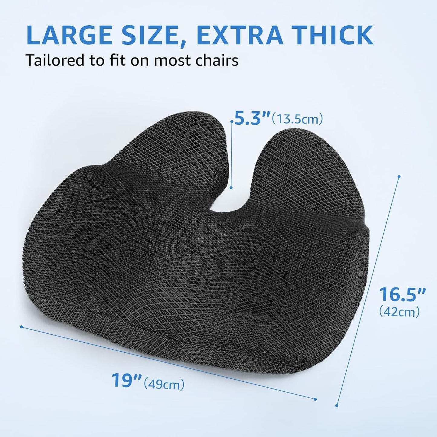 Extra Large Office Chair Cushion, 19" x 17" Ergonomic Memory Foam Seat Cushion for Tailbone, Back, Sciatica & Hip Pain Relief, Booster Pad for Sitting & Driving, Removable Washable Cover, Black