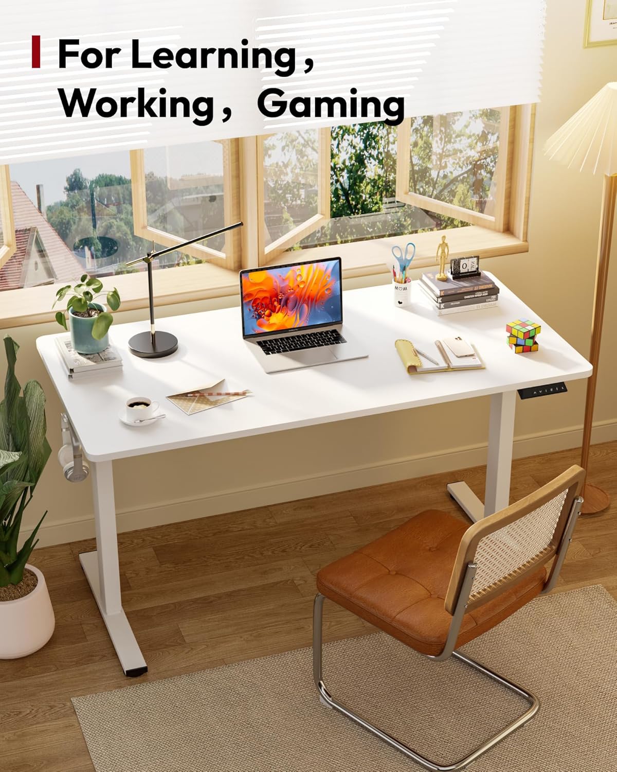SANODESK Electric Standing Desk 79 x 32 Inches Height Adjustable Stand Up w/6-Button Controller Ergonomic Computer Desk with Splice Board for Home Office, White Frame + White Tabletop