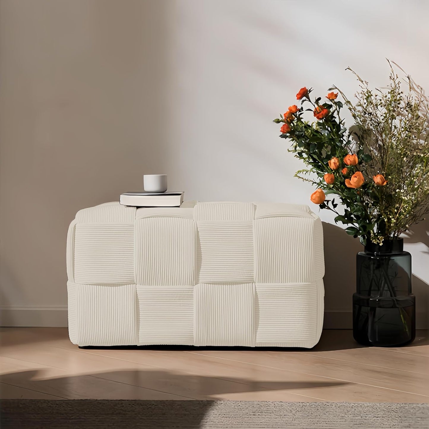 Ottoman Foot Rest Soft and Comfortable Ottoman Square Corduroy Woven Design Sofa Stool (White-L)