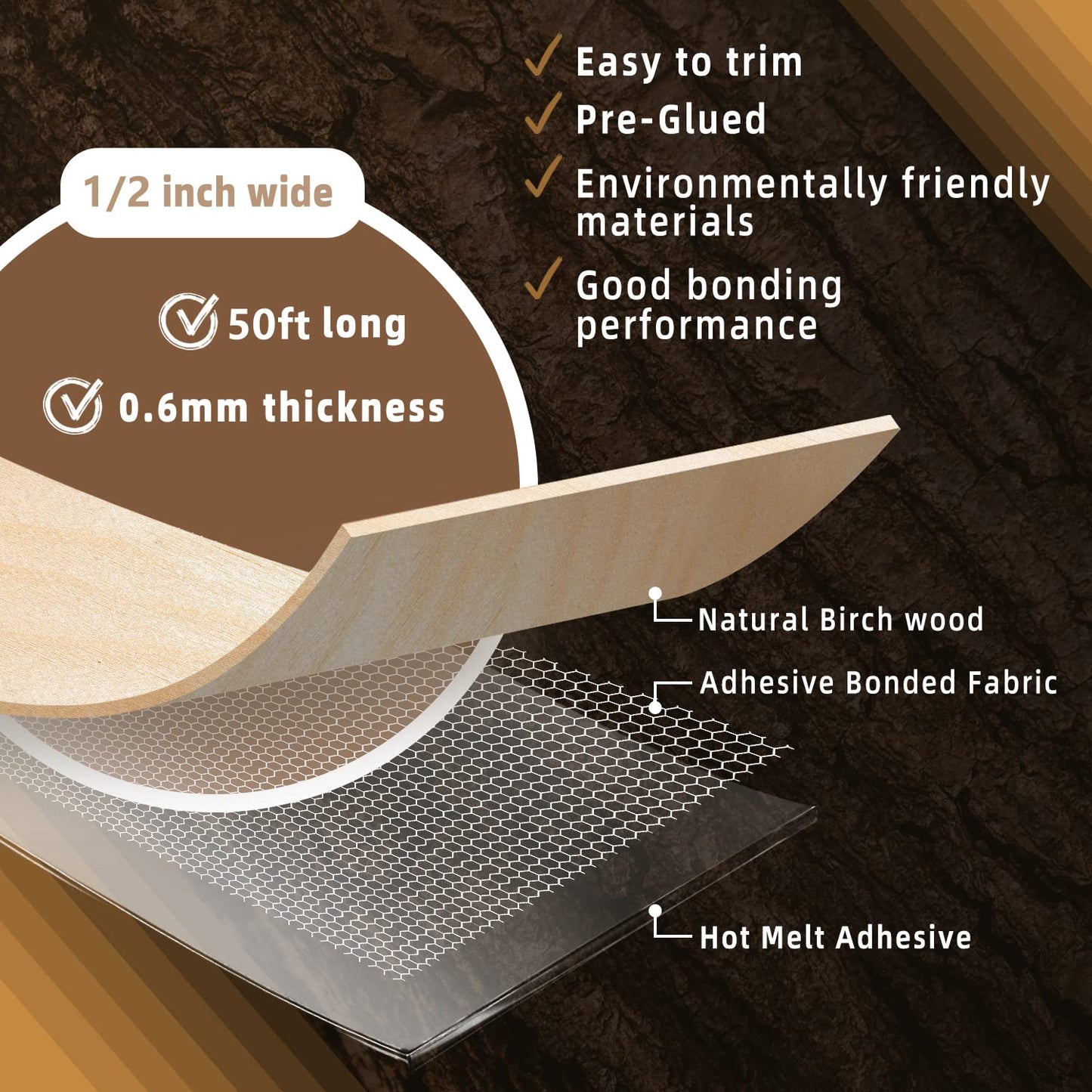 GSCIT Club Birch Edge Banding, 1/2 inch x 50ft roll of Veneer Edge Banding -Pre-glued Flexible, Real Wood Tape Banding for Cabinet Repair Furniture Restoration