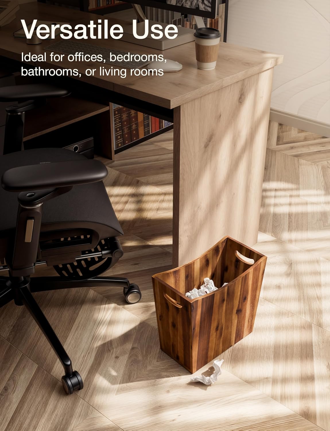 3 Gallons Rectangular Wastebaskets - Acacia Wood Waste Basket with Handles - Small Trash Can for Bathroom - Brown Garbage Bin for Spa Bathroom Decorative, Kitchen Counter, Living Room (Walnut)