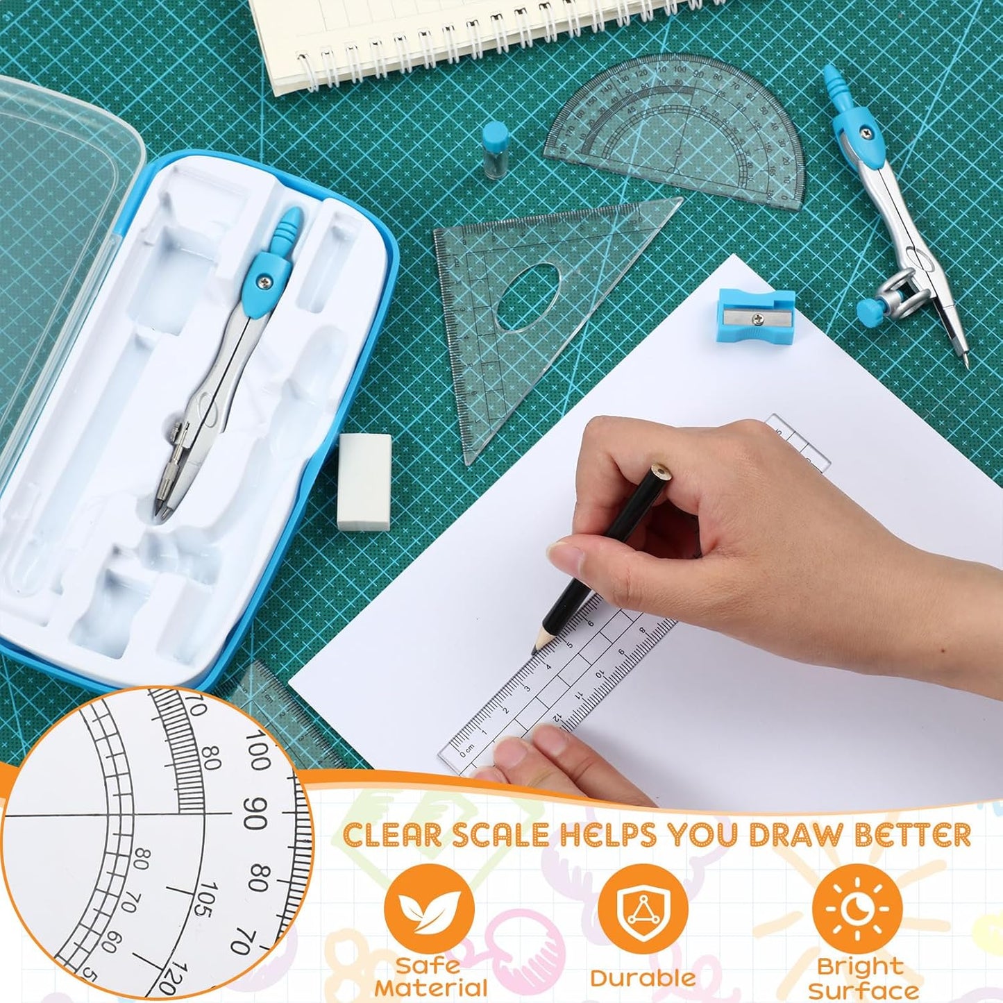 Teling 24 Sets Math Geometry Kit for Students 10 Pcs Compass Geometry Tools Set Includes Rulers Protractor Compass Eraser Pencil Sharpener Lead Refills Pencil (Multi Color)