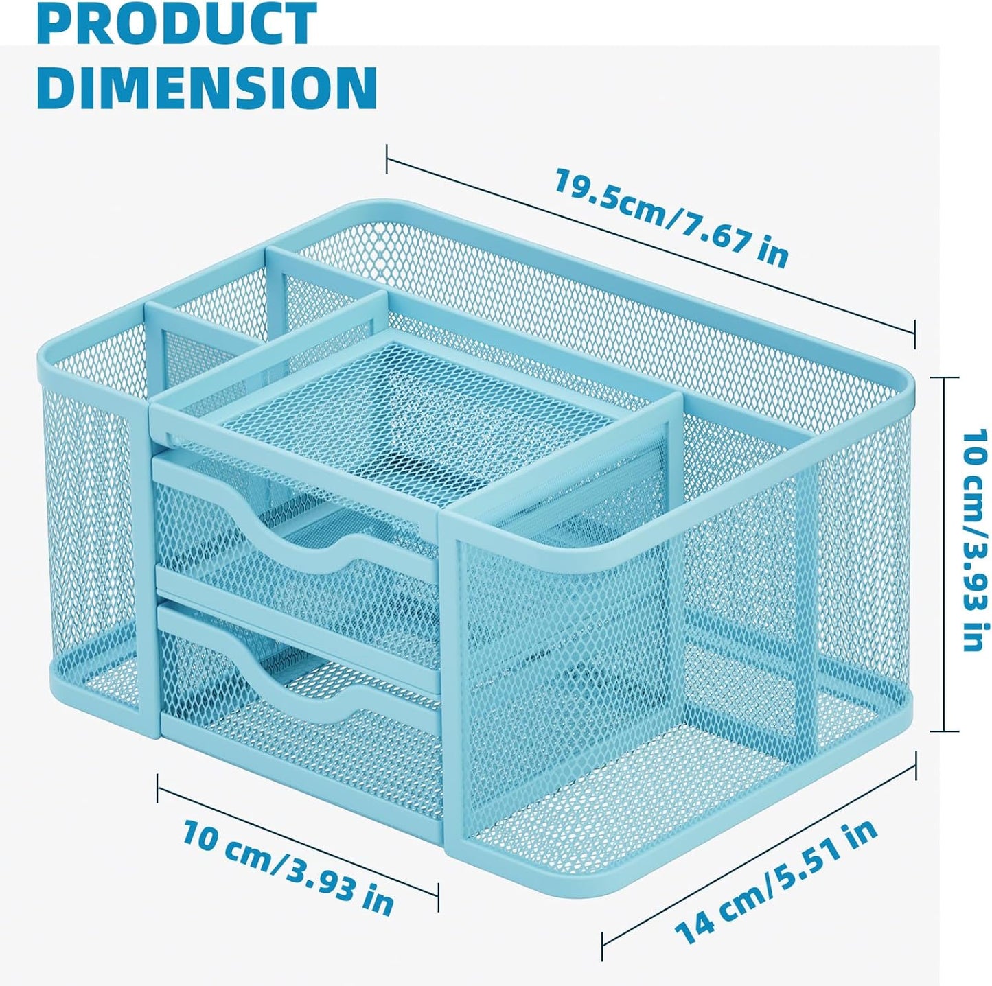 Marbrasse Mesh Desk Organizer, Pen Organizer with 2 Drawer, Multi-Functional Pencil Holder, Desk Organizers and Accessories with 5 Compartments + Drawer for Office Art Supplies (Blue)