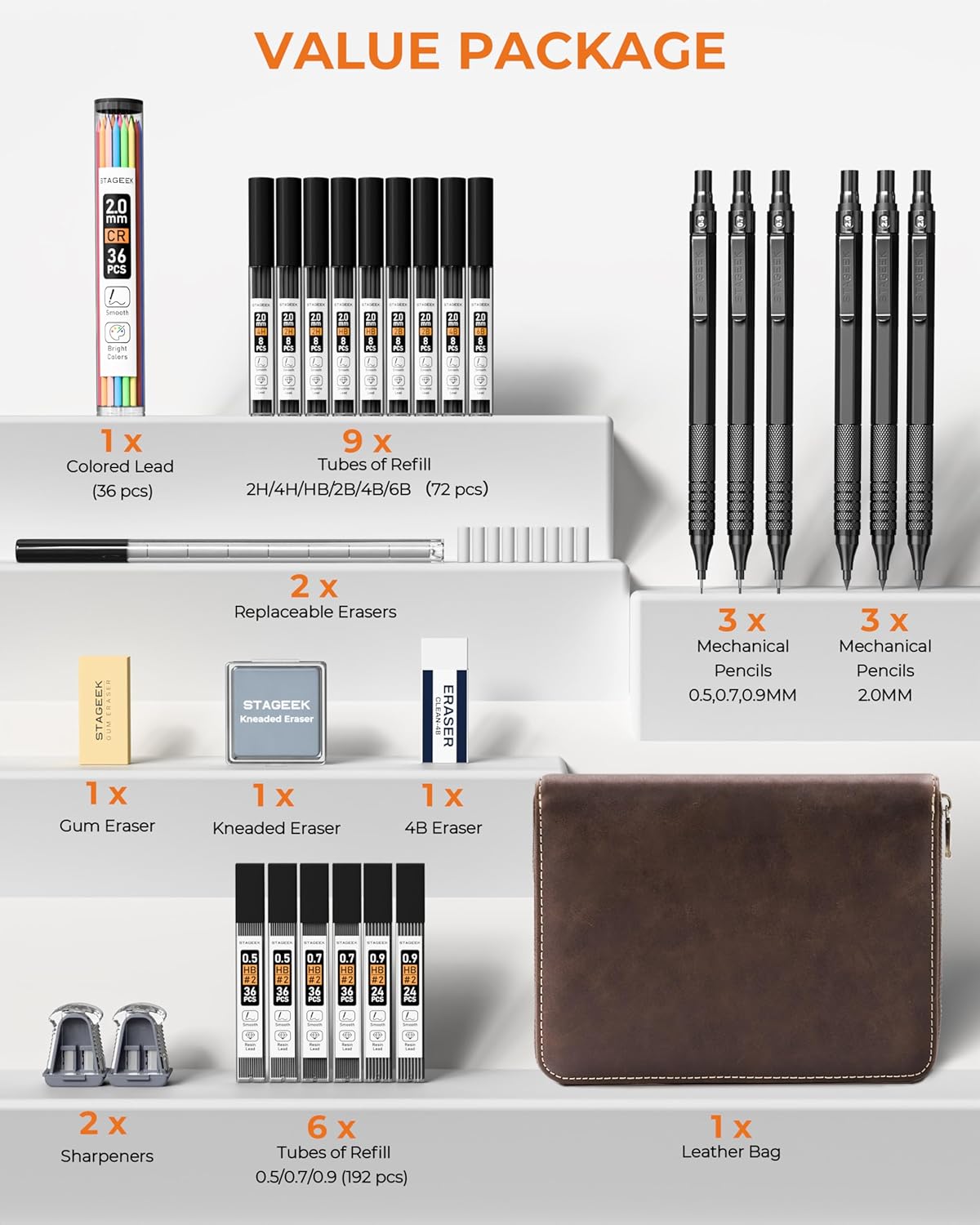 30PCS Black Metal Mechanical Pencil Set in Leather Case, 0.5/0.7/0.9/2.0mm Art Drafting Pencils with 16 Tubes Graphite Leads (6B 4B 2B HB 2H 4H) & Colored Refills for Sketching, Drawing, Writing