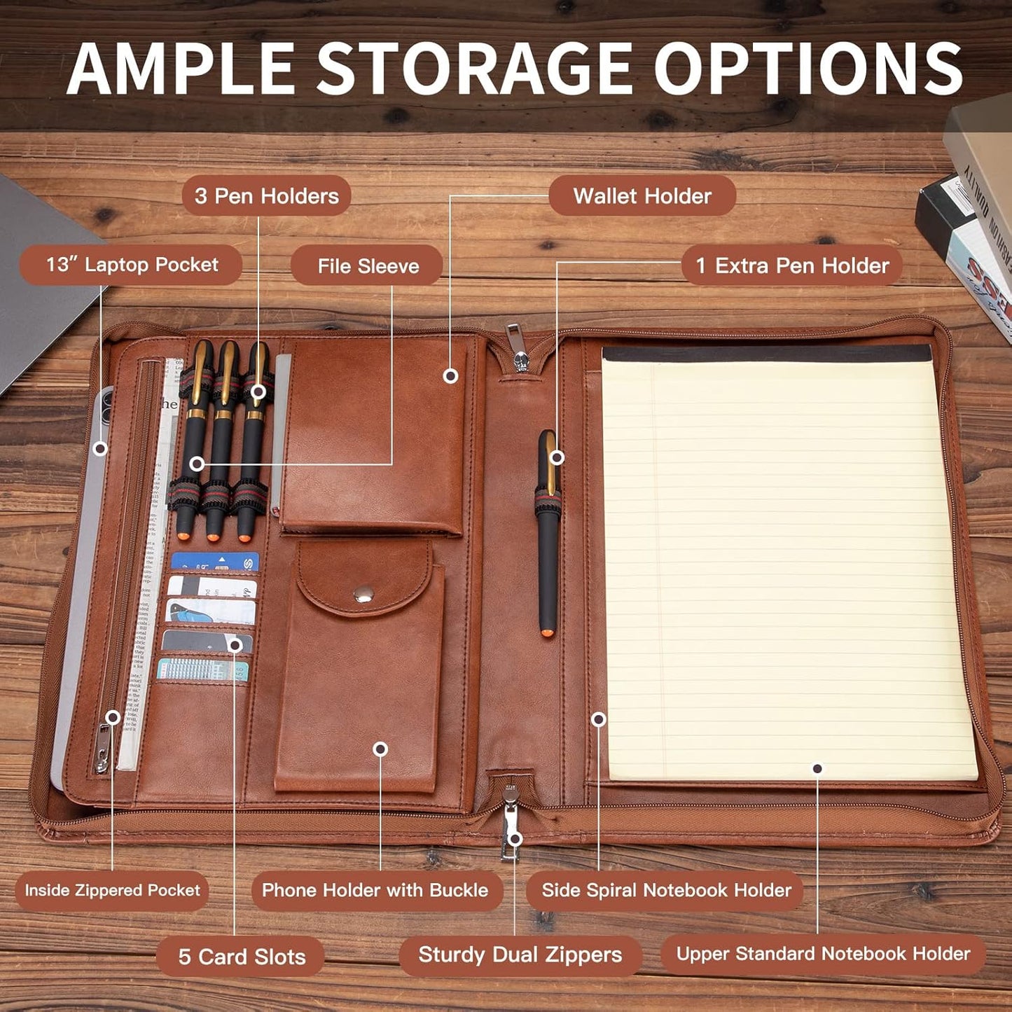 Personalized Vegan Leather Portfolio with Front Pocket for Men and Women, Custom Zippered Padfolio Binder for 8.5 x 11 Legal Pad Notebook, Professional Laptop Case, Brown