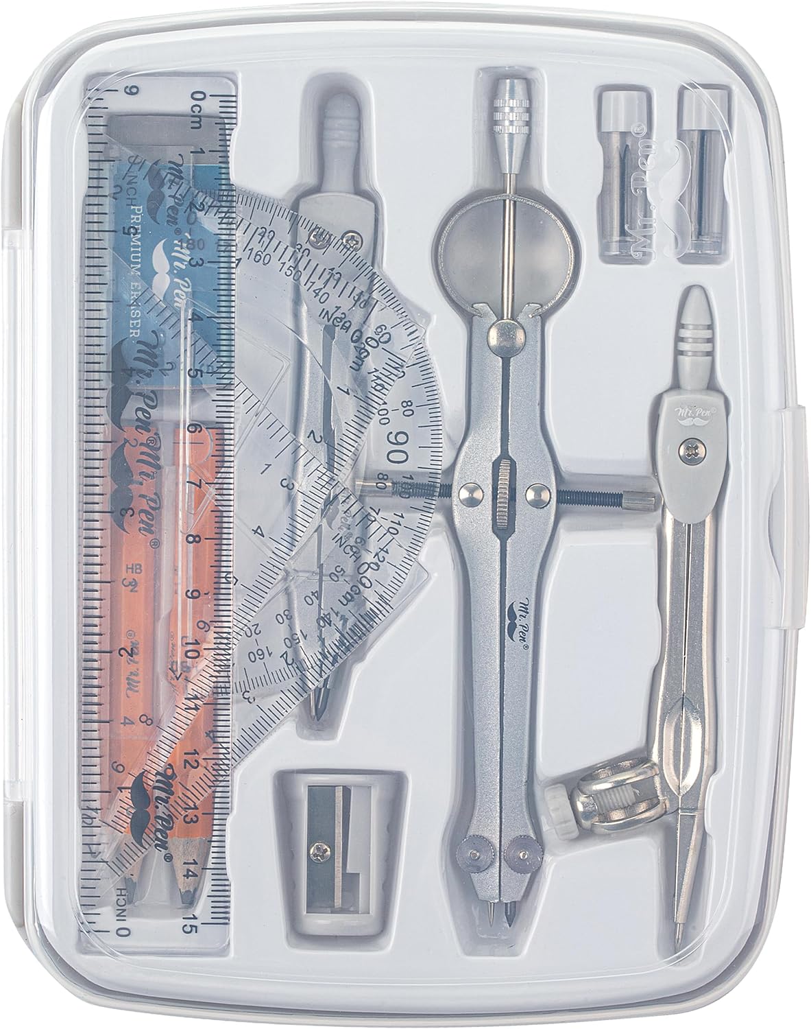 Mr. Pen- Geometry Set, 13 pcs, Compass for Geometry Compass, Geometry Kit Set with Shatterproof Storage Box, Math Compass, Geometry Set for School, Compass Math, Protractor and Compass Set, Grey