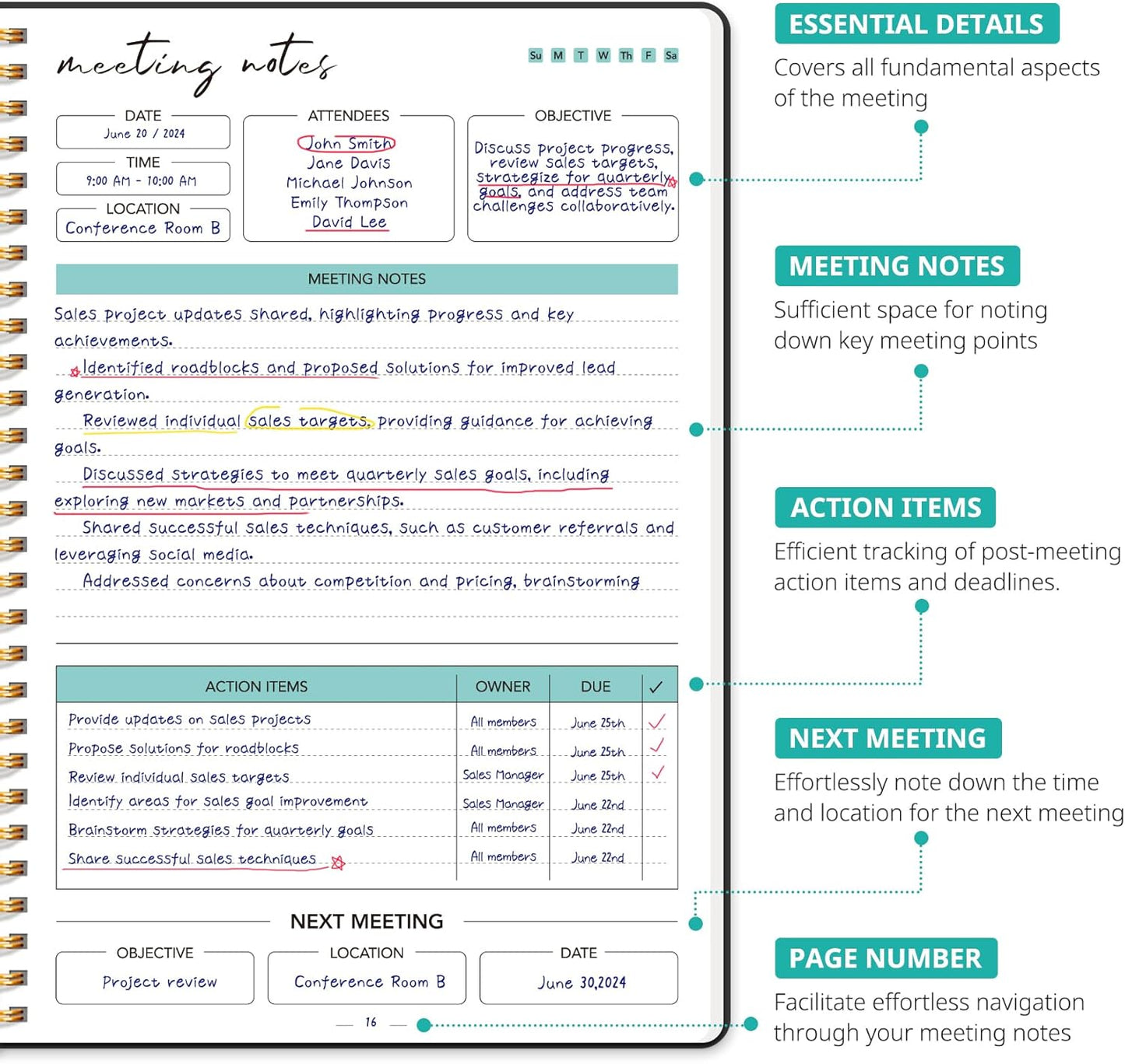 Taja Meeting Notebook for Work Organization - Work notebook with action items, Meeting Minutes Planner Notebook, Perfect Office Supplies for Men & Women - Black