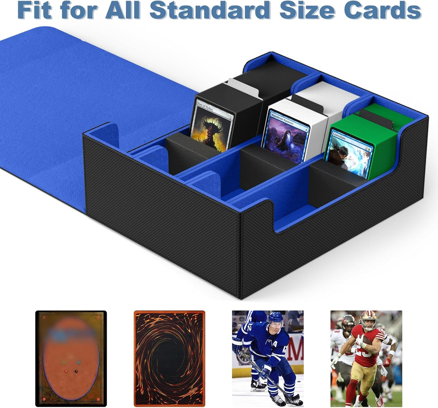 Mlikero Card Deck Case, 1800+ Trading Card Storage Box with 10 Dividers and 3 Foam Stoppers, Leather Magnetic Closure Commander Deck Box Fit for YuGiOh, MTG and Sport Cards(Black&Blue)