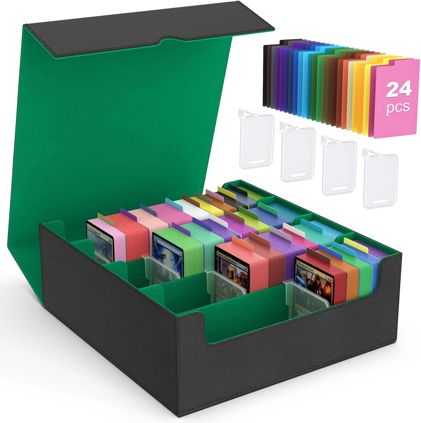 MoKo Trading Card Storage Box, 3000+ MTG Deck Box with 24 Colorful Dividers & 4 Card Supporters, Commander Card Deck Case Fits for Magic Game Cards, YugiOh, TCG, PTG and Sport Cards, Green