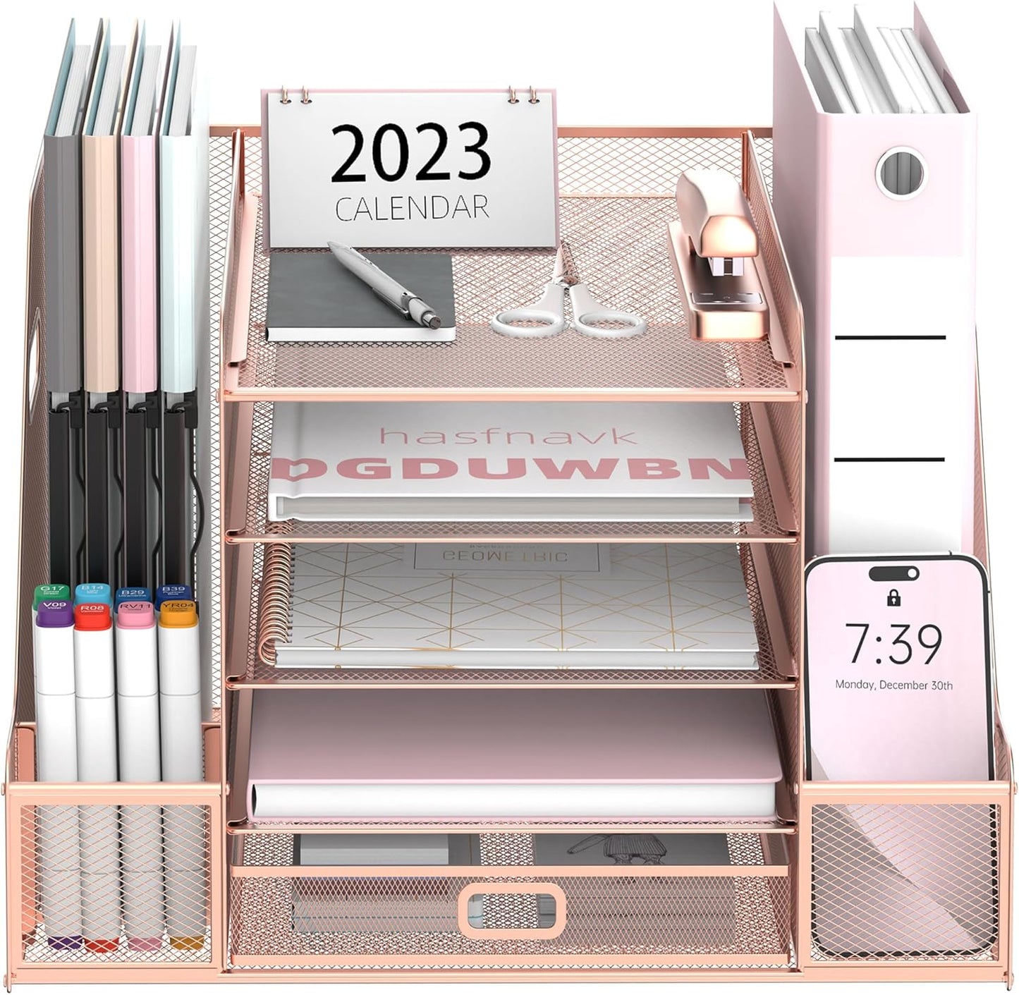 SUPEASY Mesh Desk Organizer with File Holder, 5-Tier Paper Letter Tray Organizer with Magazine Holder, Desktop Organizer and Storage with Drawer for Office Supplies Home or School, Rose Gold