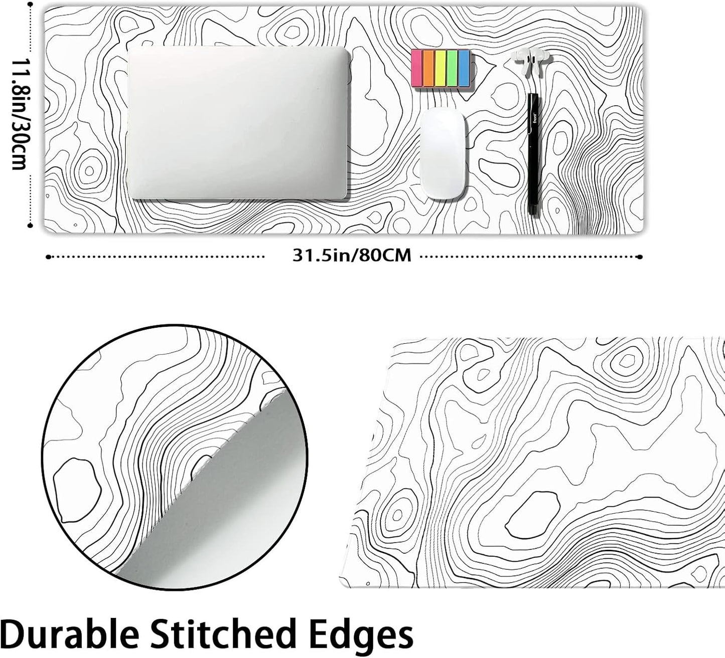 Topographic Contour White Gaming Mouse Pad XL Topo Geographic Map Lines Extended Large Mouse Pad Big Desk Mat Non-Slip Rubber Base Stitched Edge Long Keyboard Playmat for Desk Computer,31.5×11.8 in
