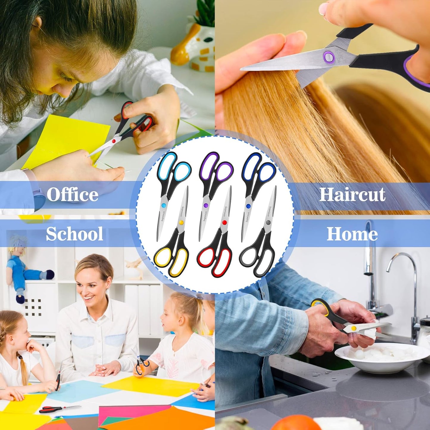 Scissors Set of 6-Pack, 8" Scissors All Purpose Comfort-Grip Handles, Sharp Scissor for Office Home School Craft Sewing Fabric Supplies, High/Middle School Student Teacher, Right/Left Hand