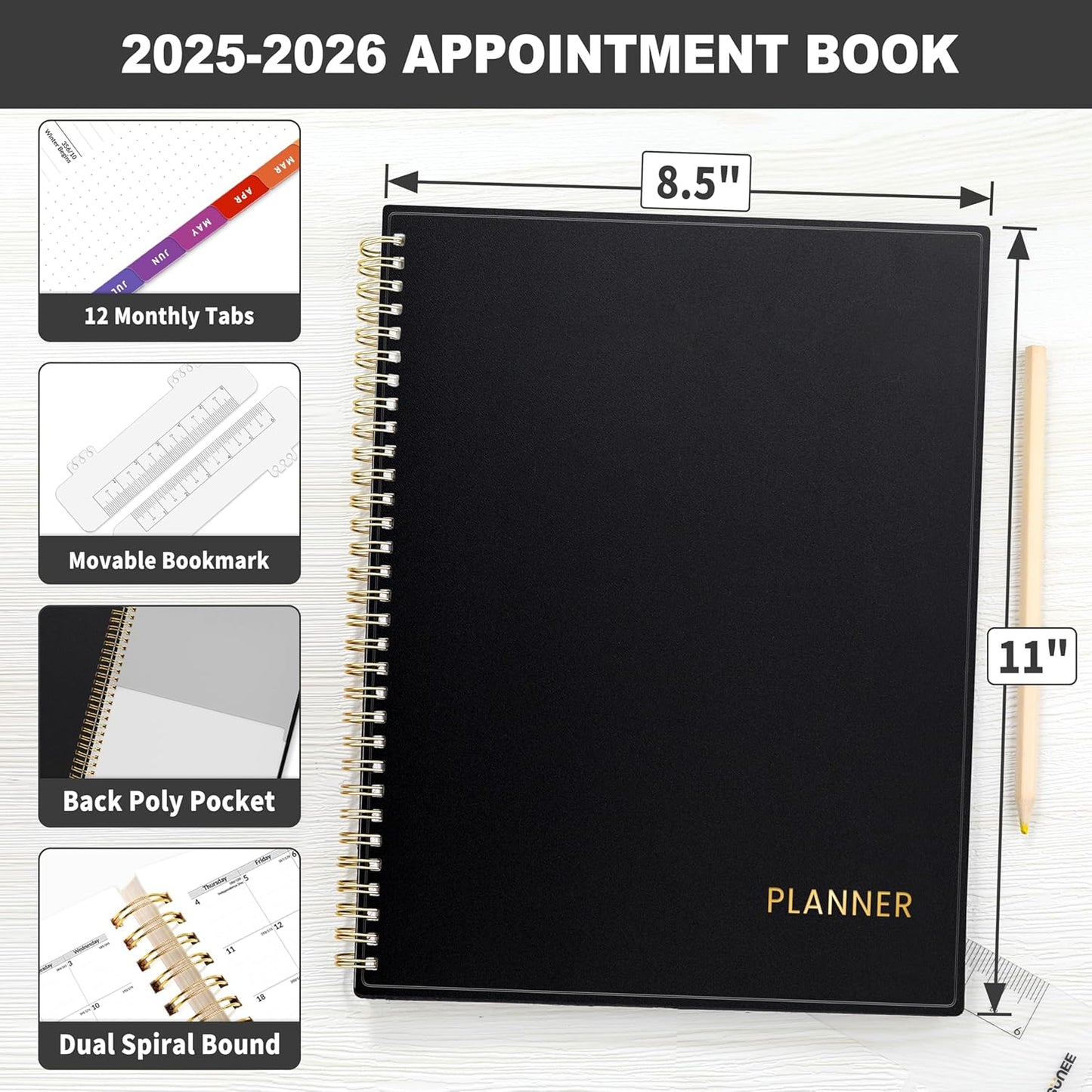 SUNEE 2025-2026 Appointment Book, Quarter-Hourly, Weekly & Monthly - from July 2025 to June 2026, 8.5"x11" Academic Planner, Flexible Cover, Note Pages, Bookmark, Spiral Binding, Black