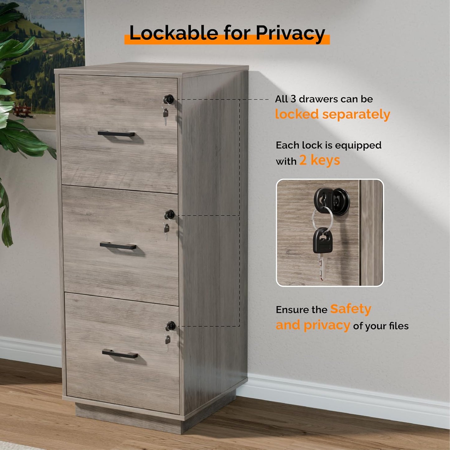 VINGLI 3 Drawer File Cabinet with Lock, Home Office Filing Organizer, for Letter Size File Folder Storage, Wood Tall Vertical Filing Cabinet, Printer Stand, Archivador (Rustic Gray)