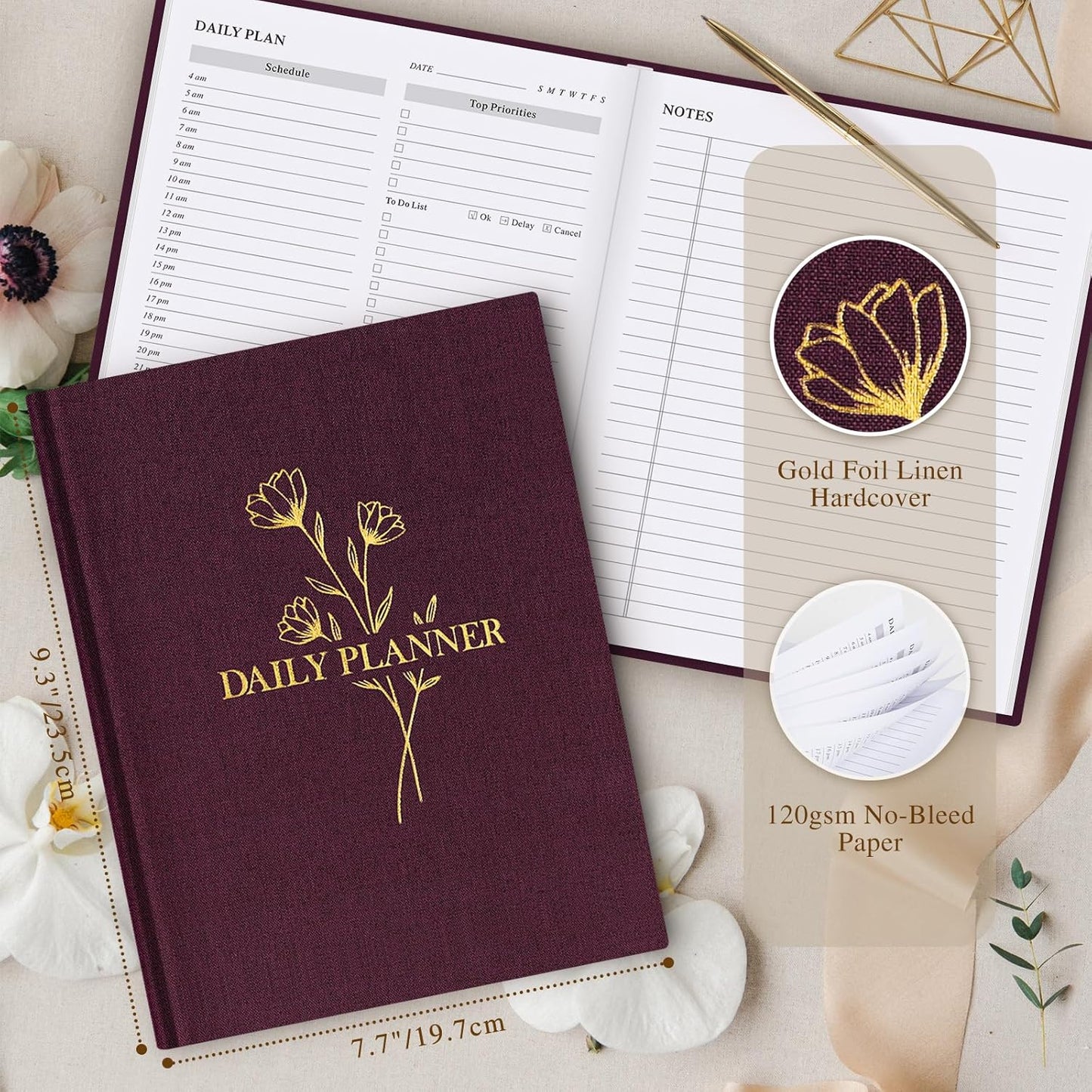 Lanpn Undated Daily Planner Hourly Schedule Notebook, 196 Pages 2 Page per Day To Do List Notebook Notepad Appointment Work Planner, Hardcover Daily Journal Organizer Book For Women 7.7" x 9.3" Purple