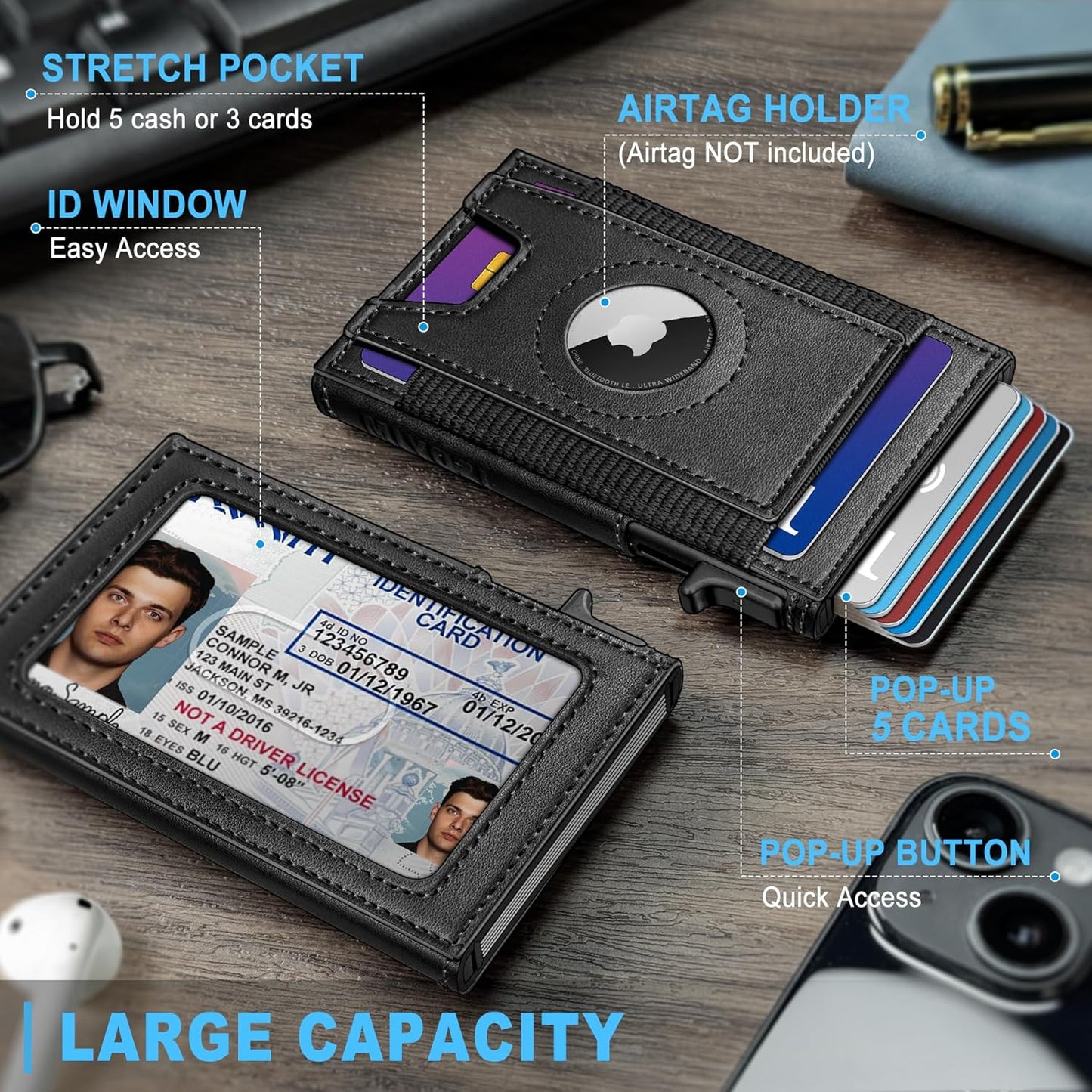 Airtag Wallet for Men, Slim Pop Up Credit Card Holder RFID Blocking Mens Minimalist wallet for 7-9 Cards ID Window, with Gift Box