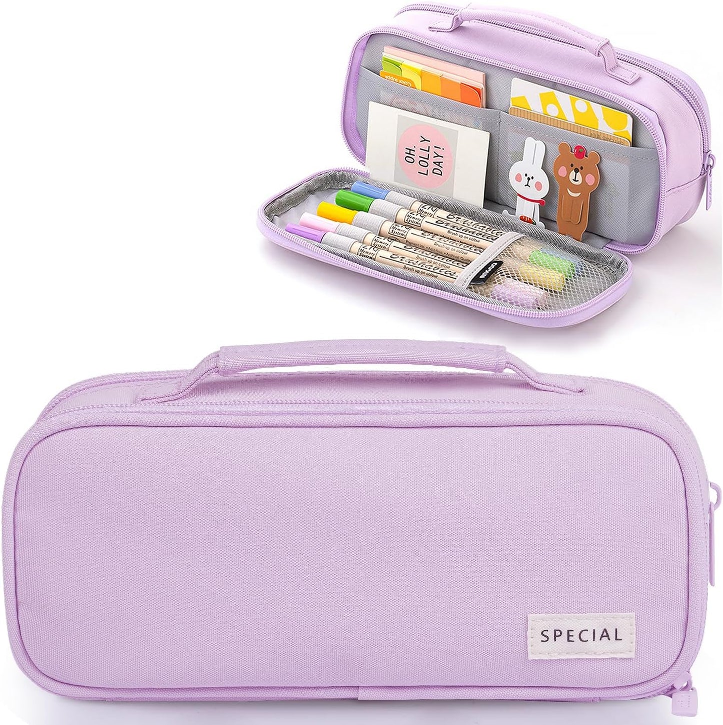 MAMUNU Pencil Case Large Capacity with 3 Compartments, Pencil Case Pouch Bag with Zipper Handle Portable Pen Stationery Organizer for Teen Girls Adults College School Office Travel, Purple