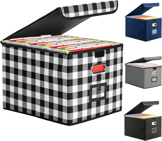 File Organizer Box, Linen Filing Organizer with Lid, Large Desktop File Boxes, Black and White Lattice