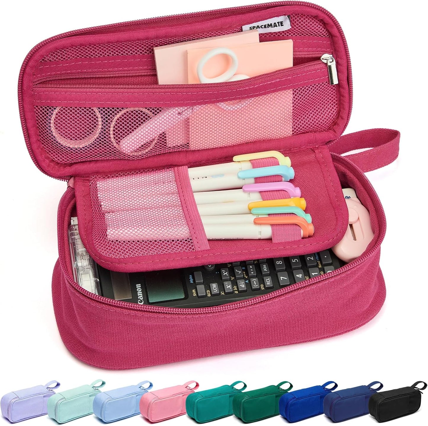 Pencil Case Pouch Box Bag School Supplies Girls Boys Kids, Cute Preppy Stuff Large Big Capacity Aesthetic Pen Organizer, Back to College Stationary, Dark Pink, Heavy Duty Canvas, 1800ml