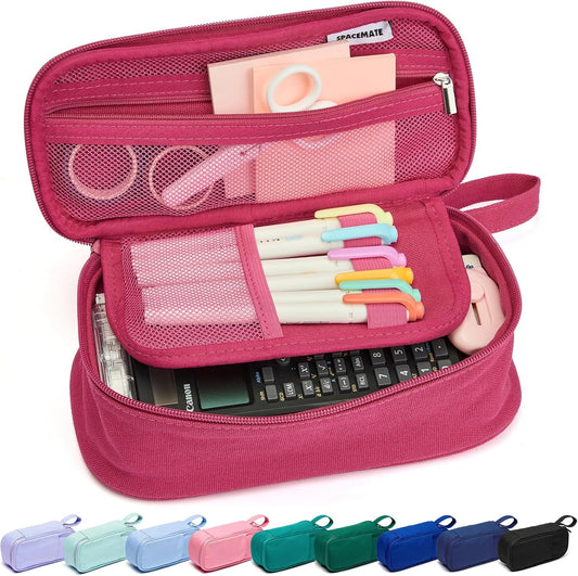 Pencil Case Pouch Box Bag School Supplies Girls Boys Kids, Cute Preppy Stuff Large Big Capacity Aesthetic Pen Organizer, Back to College Stationary, Dark Pink, Heavy Duty Canvas, 1800ml