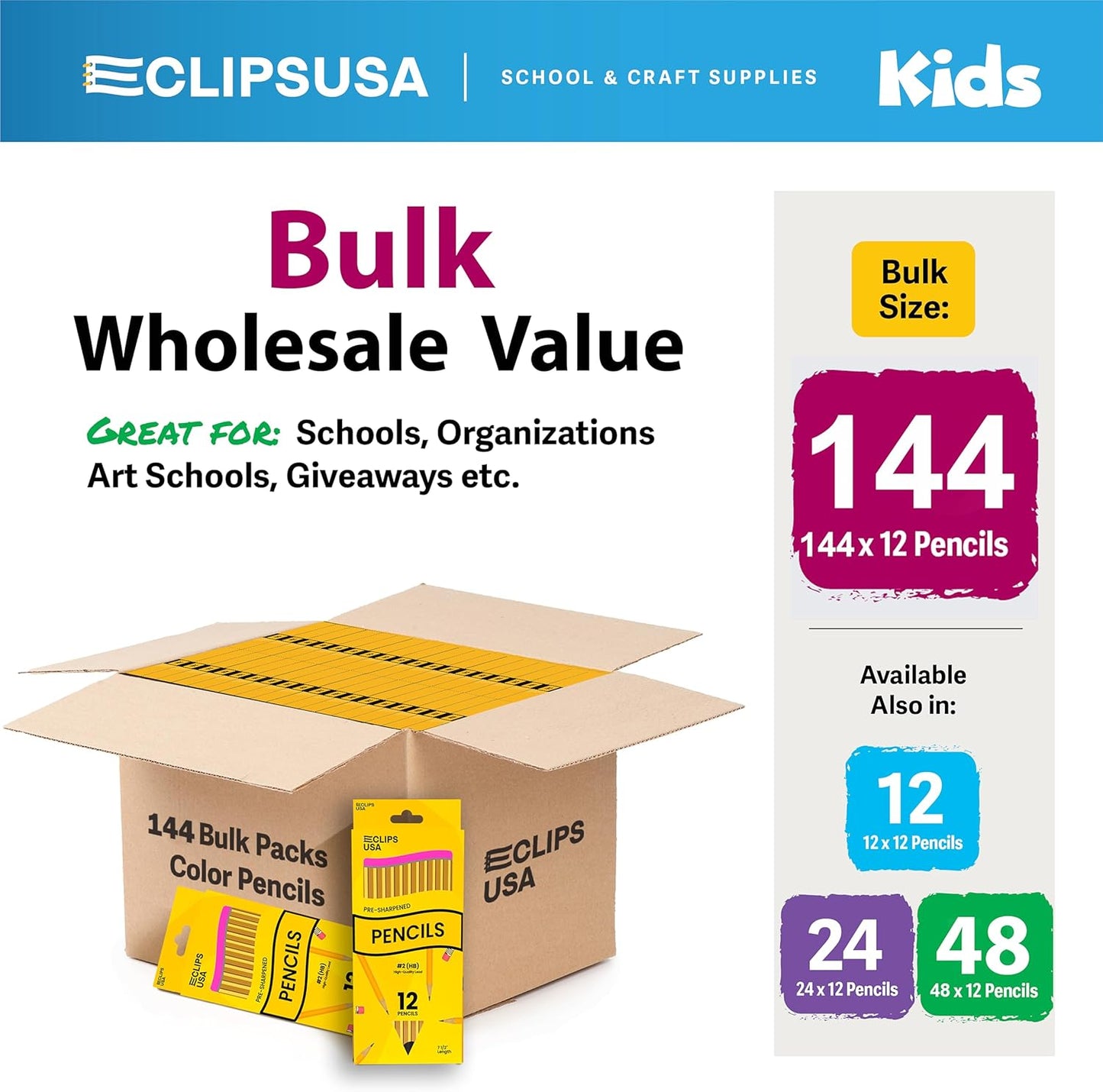 E-CLIPS USA Pencils Bulk, Pencil #2, Number 2 pencil, Pre-Sharpened Pencil Bulk, School Supplies bulk, Office Supplies, Box May Vary, 12 Pencils (144 Box Case)