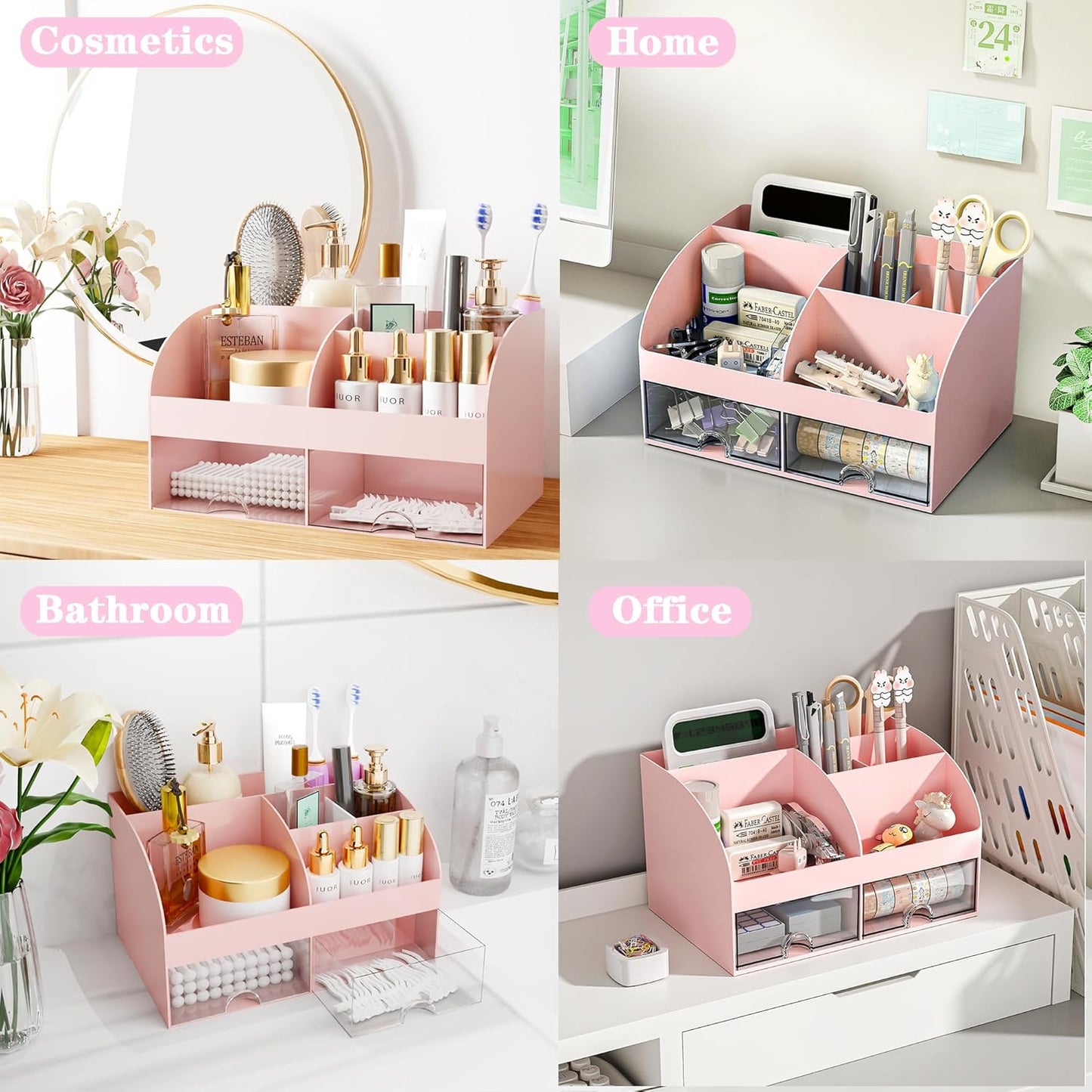 Pink Desk Accessories with Pen Holder, Pink Office Supplies Desk Organizers and Accessories for women, Tape Dispenser, Stapler, Staple Remover, Staples, Clips Set, Ruler, Scissor, Pen, Tape