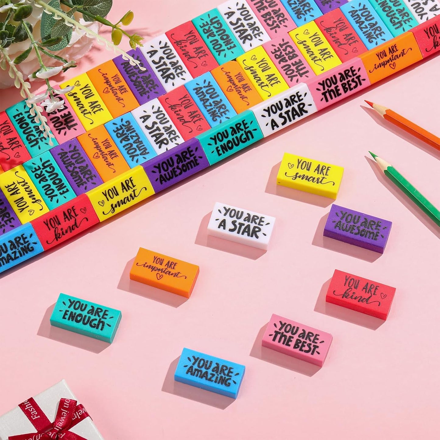 PerKoop 50 Pcs Inspirational Erasers Bulk Back to School Gifts Colorful Motivational Pencil Erasers for Kids First Day of School Favors for Students Teachers Classroom Office Supplies