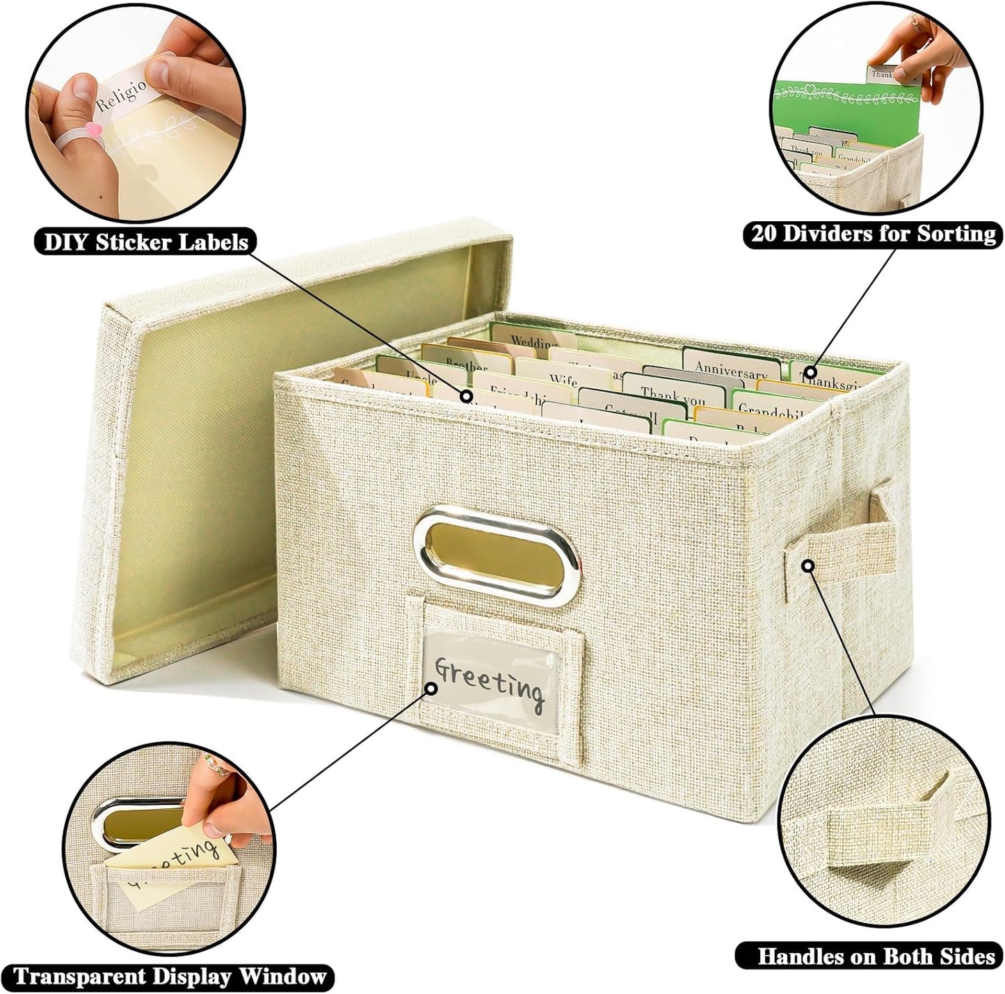 Vienrose Greeting Card Organizer 2 Pack, Storage Box with 20 Adjustable Dividers, Foldable Organizer Box Holds over 150 Cards, Storage Stickers Recipes Photos Envelopes Bills Vinyl Records, Beige