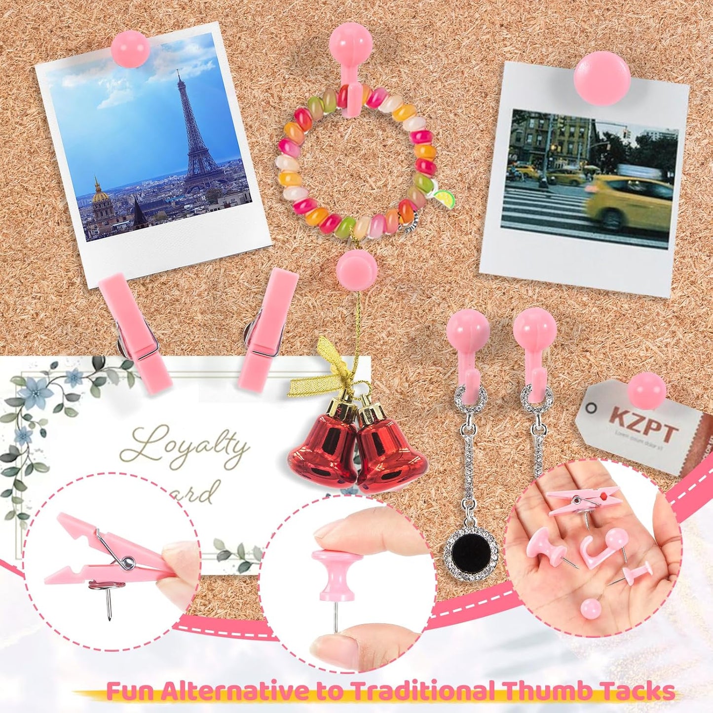 240Pcs Pink Thumb Tacks,5 Style Cute Push Pins, Decorative Push Pins for Bulletin Boards, Cork Board, Pink Office Supplies, Office Decor