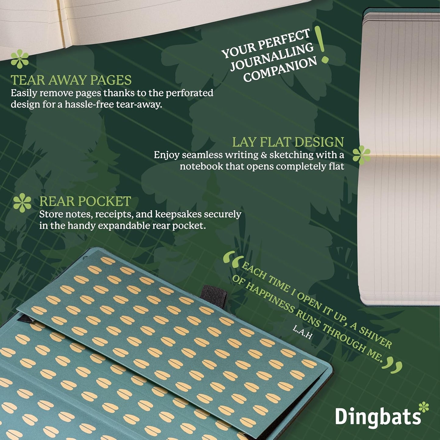 Dingbats A5 Wildlife Notebook Journal Hardcover, Cream 100gsm Ink-Proof Paper, 6.1 x 8.5 inches, 192 pages (Green Deer, Squared)