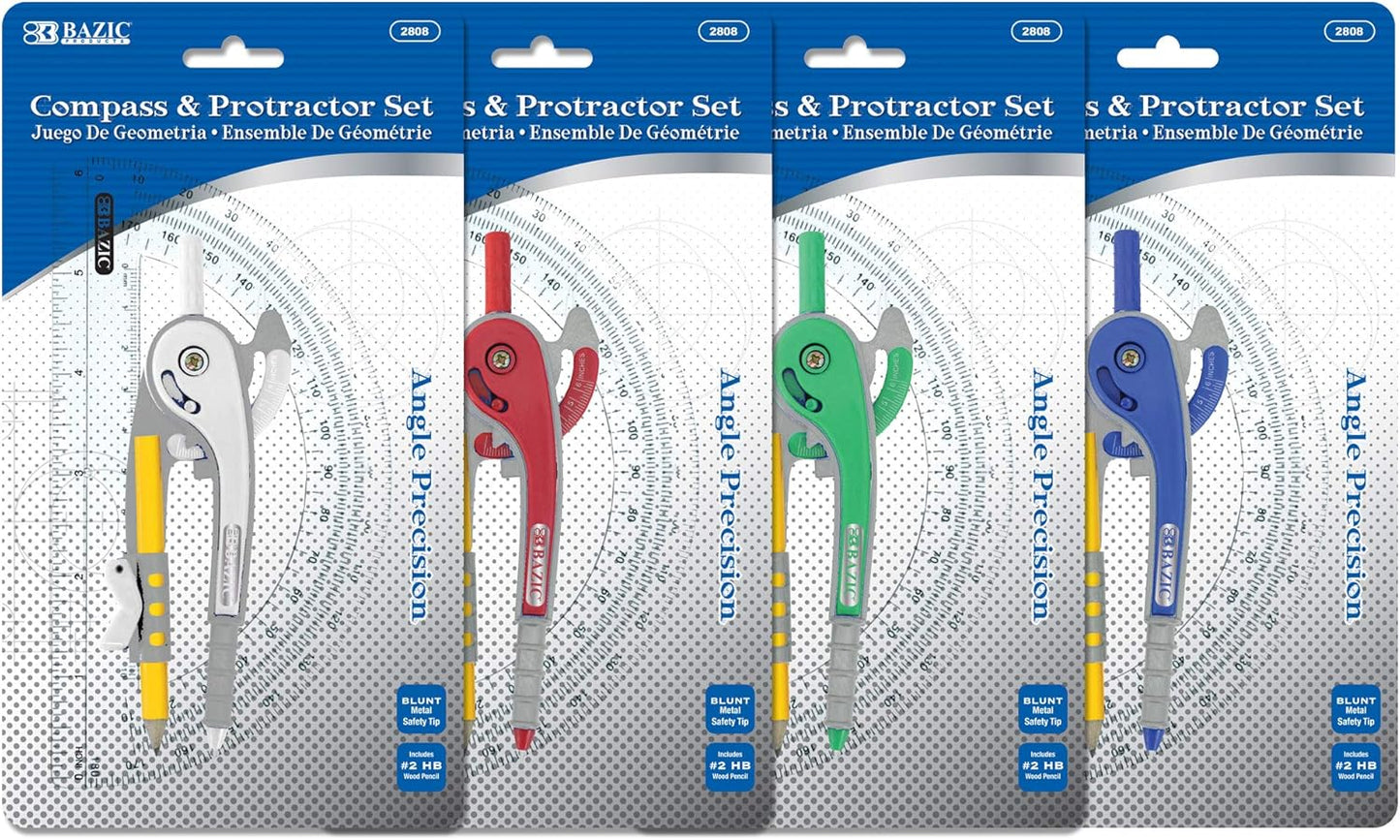 BAZIC Geometry Math Compass Set w/Scale-Arm, 6" Protractor, & HB Wood Pencil, Inch Centimeter, Mathematical Drafting Drawing Tool, 144-Packs