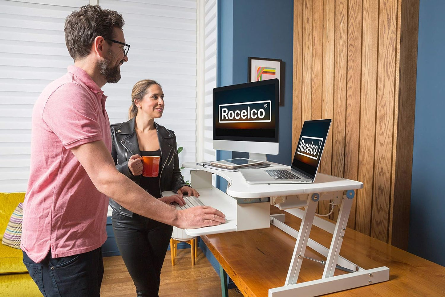 Rocelco 37.5" Deluxe Height Adjustable Standing Desk Converter - Quick Sit Stand Up Dual Monitor Riser - Gas Spring Assist Computer Workstation - Large Retractable Keyboard Tray - White (R DADRW)