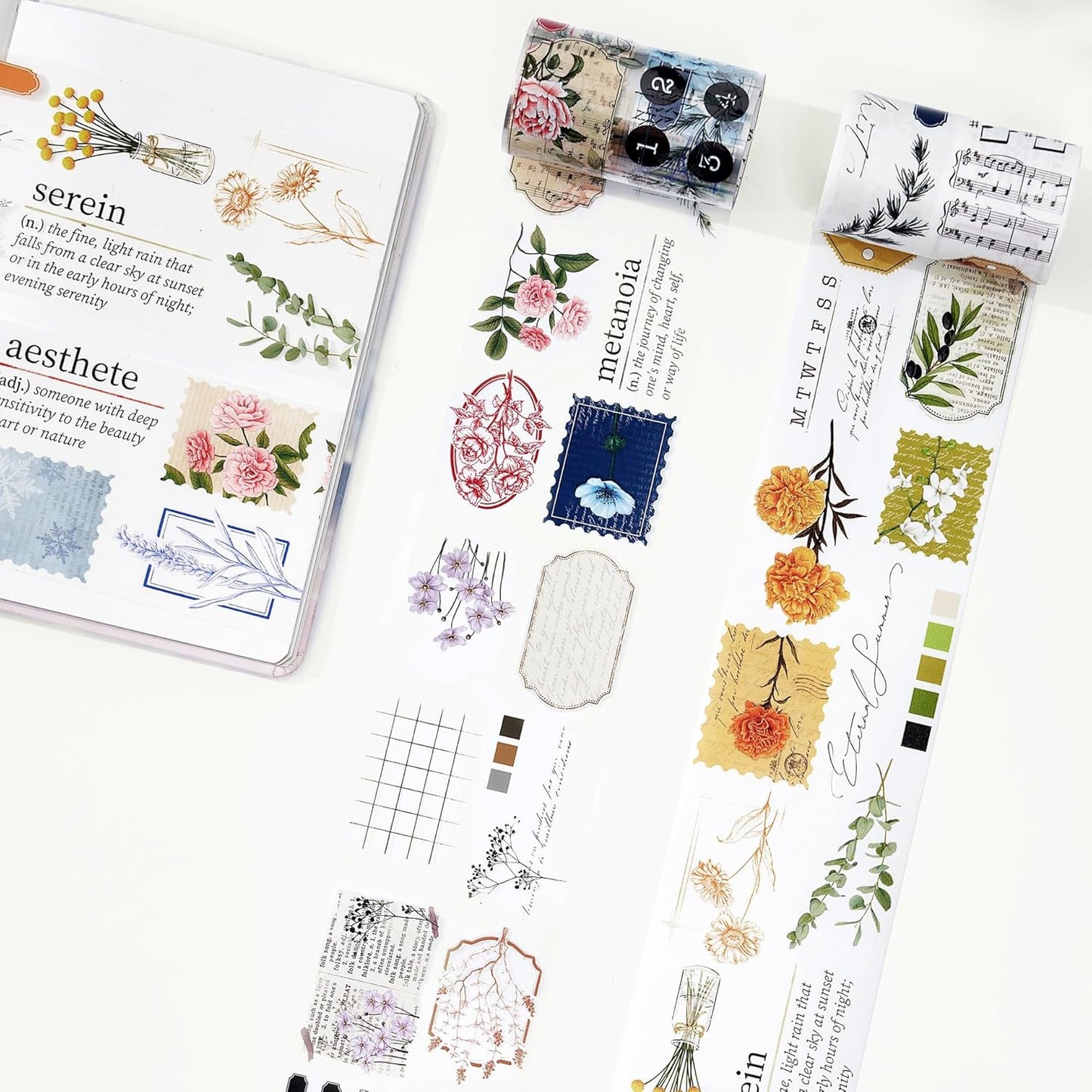 WT Season's Symphony Wide Clear PET Tape, Single Roll, Original Design, Vintage Watercolor Floral, Transparent Adhesive Tape for Journaling, Junk Journals, Bujo, Scrapbooks, Planners, DIY Crafts