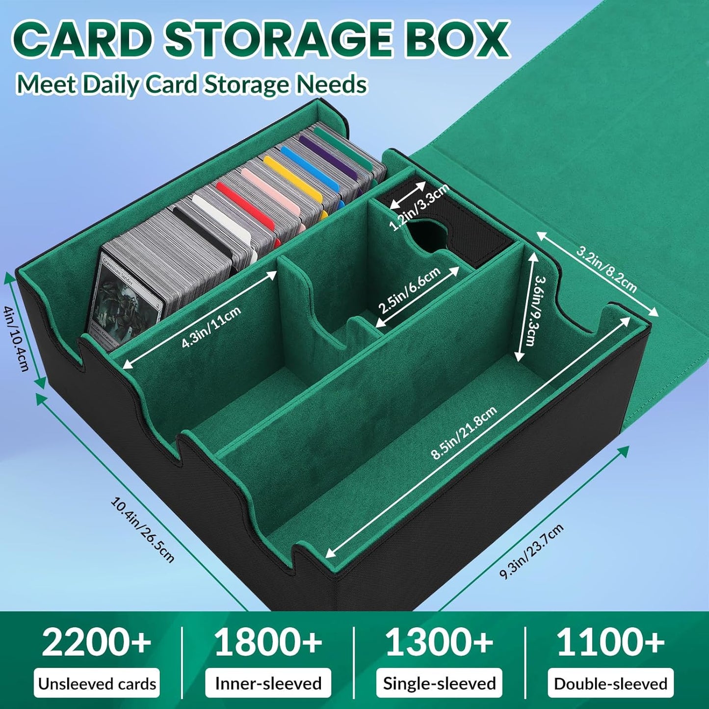 Leather Magnetic Card Storage Box for Trading Cards, Holds 5 MTG Deck Boxes, with 13 Dividers & Dice Tray